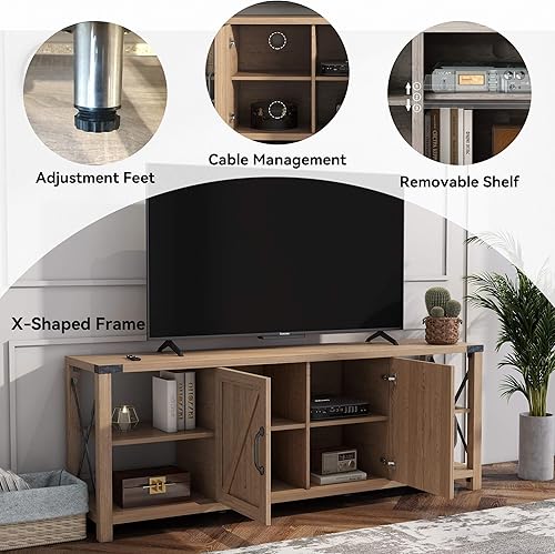 Miniatura 2 de Soporte de TV de 70 pulgadas para TV de 75 pulgadas, centro de entretenimiento industrial de roble con almacenamiento, gabinete de consola de TV con