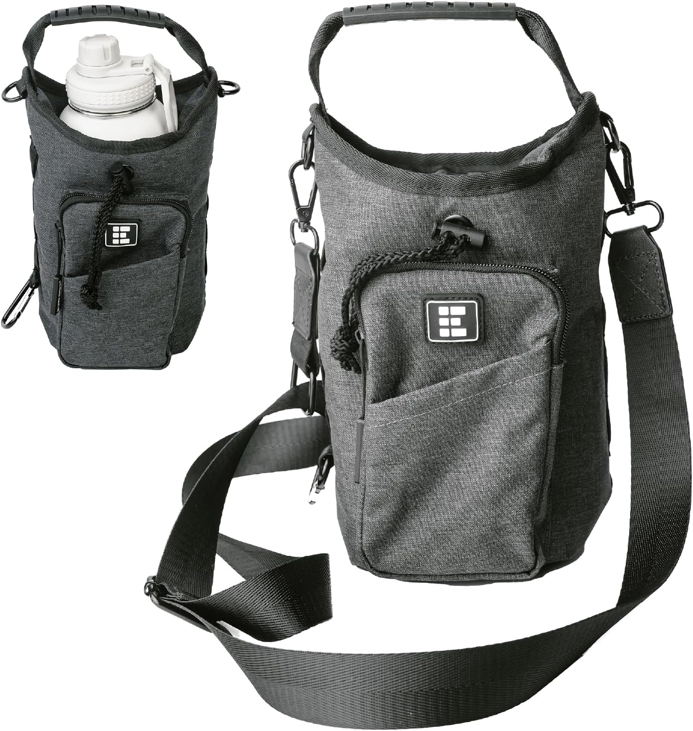 Zero Grid Insulated Water Bottle Carrier with RFID-Blocking Pocket for Personal Data, Electronics, and Phone - Fits 32 oz/1 L Bottles - Crossbody Bag with Adjustable Sling for Hiking and Travel - Grey Ash