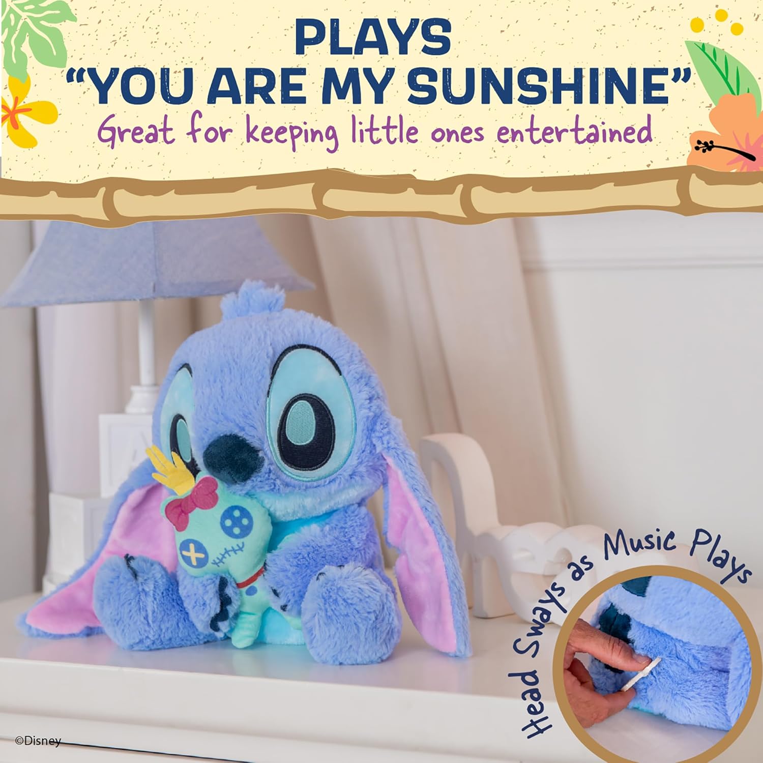 Kids Preferred Disney Baby Stitch with Scrump Key Wind Musical - Soft Material, Plays You are My Sunshine, Swaying Head, Ages 0 Months and Up, 9 in - Image 4