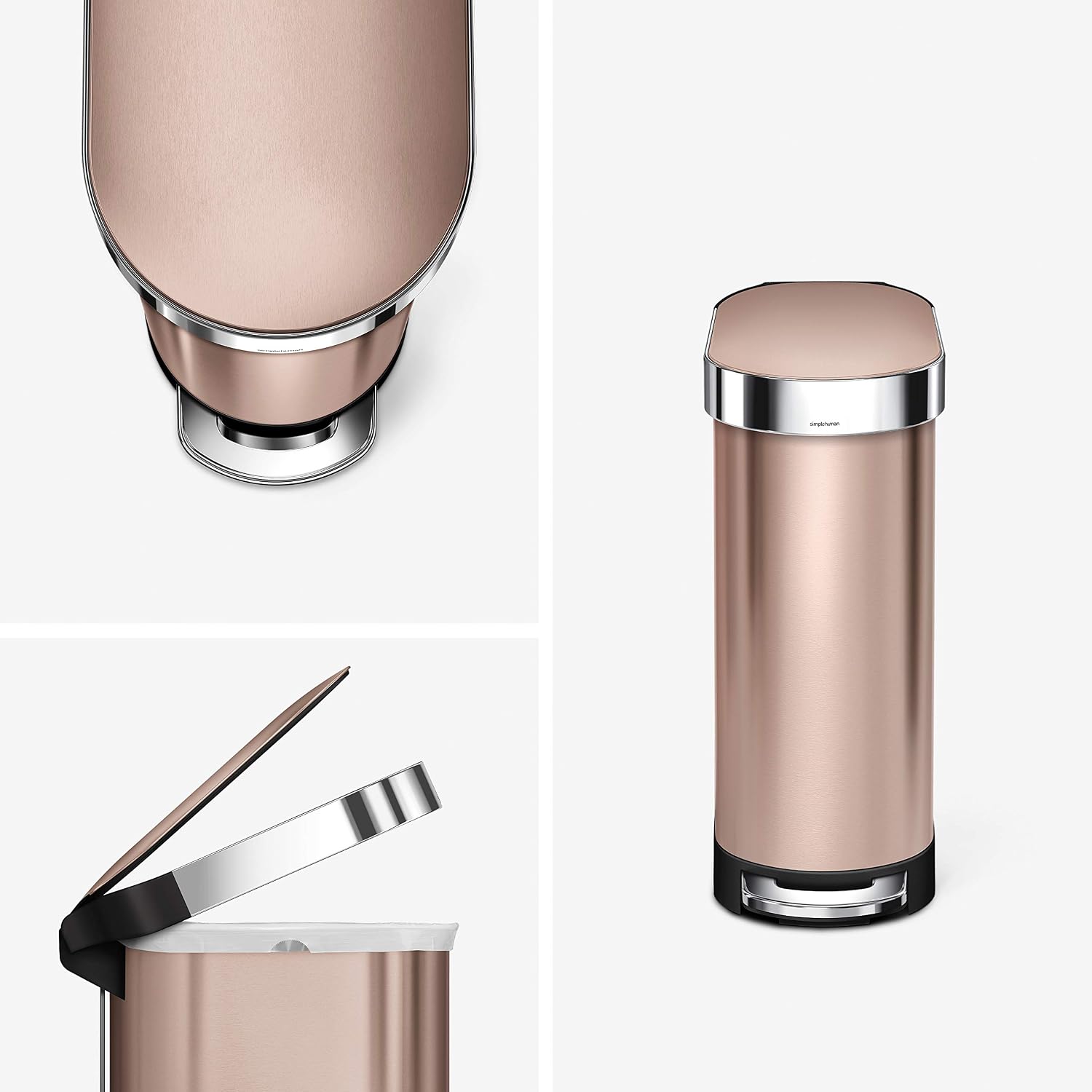 simplehuman 45 Liter / 12 Gallon Slim Hands-Free Kitchen Step Trash Can with Liner Rim, Rose Gold Stainless Steel