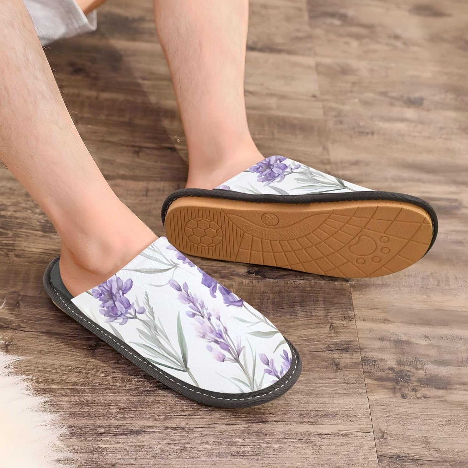 Purple Lavender Flower House Slippers – Cozy Fuzzy Slippers for Guests, Washable & Disposable, Perfect for Shoeless Home, Spa & Hotel Use A110333