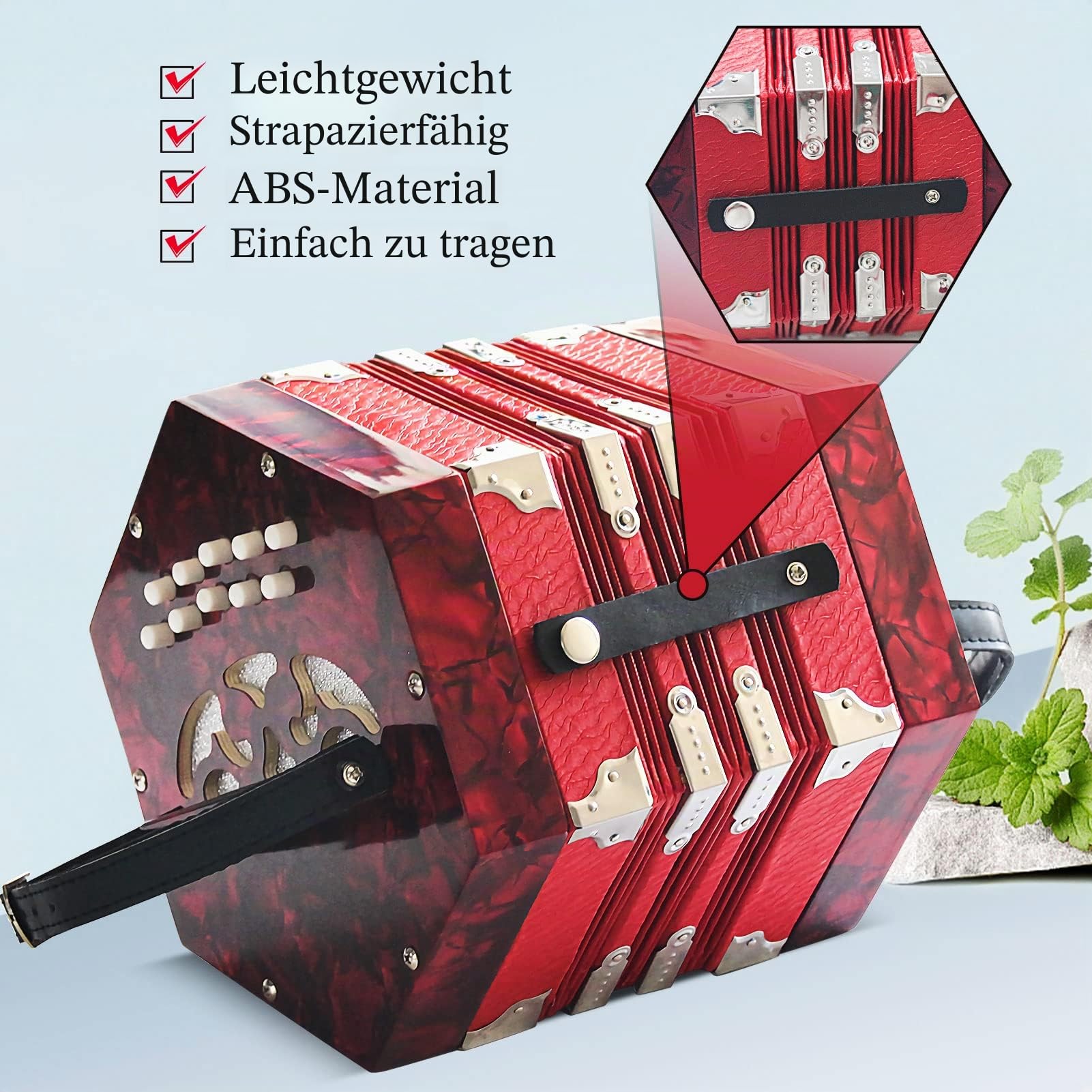 20 Tasten Akkordeon für Erwachsene, professionelles Akkordeon für Anfänger, verstellbarer Handriemen, Musikinstrumentzubehör mit Tragetasche, Mundharmonika, Reinigungstuch (rot)