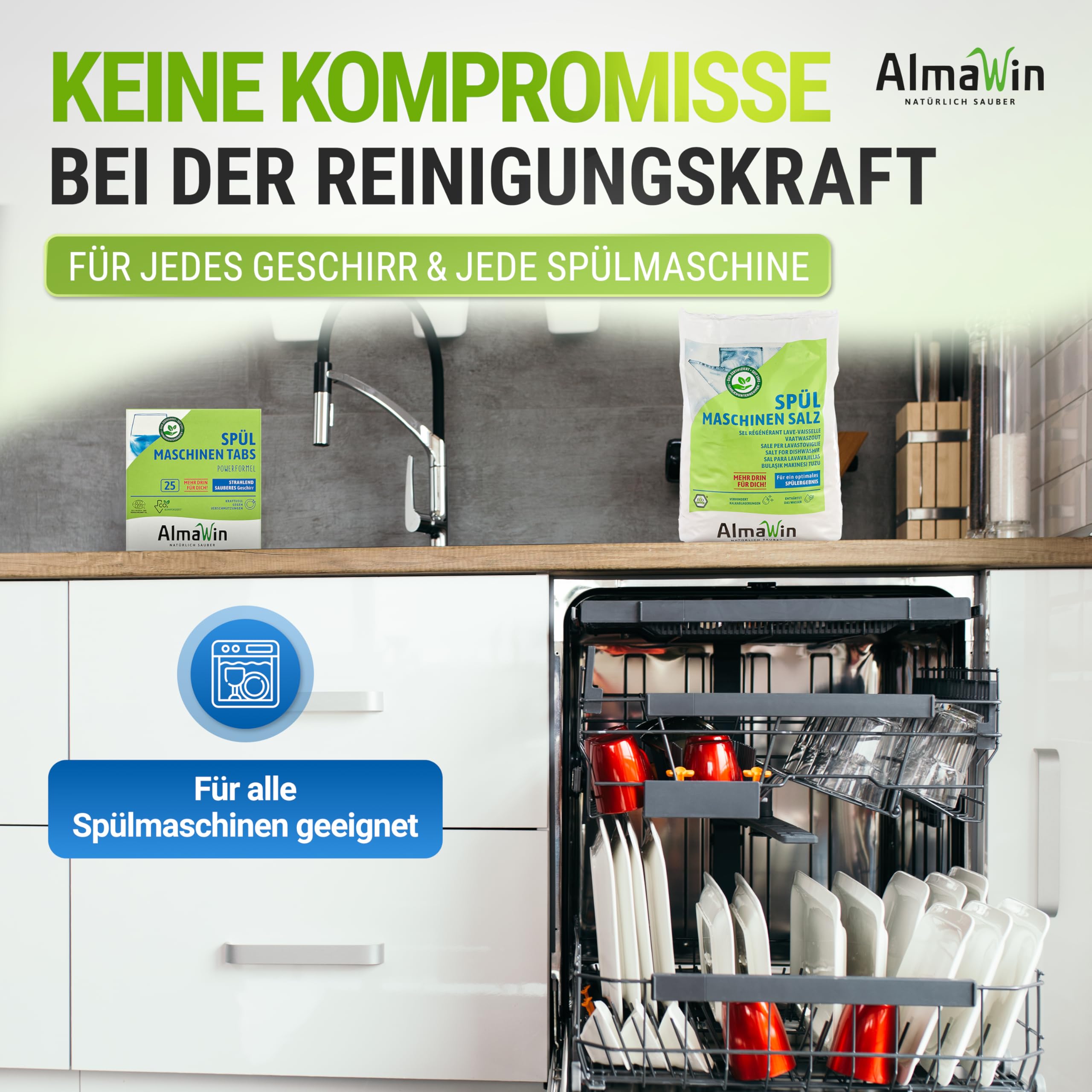 AlmaWin® Spülmaschinen Salz [18x 2kg] zum Schutz vor Kalkablagerungen & Wasserflecken - Geschirrspüler Salz für optimale Spülergebnisse - Regeneriersalz, Spezialsalz - 100% Natürlich, Bio & VEGAN