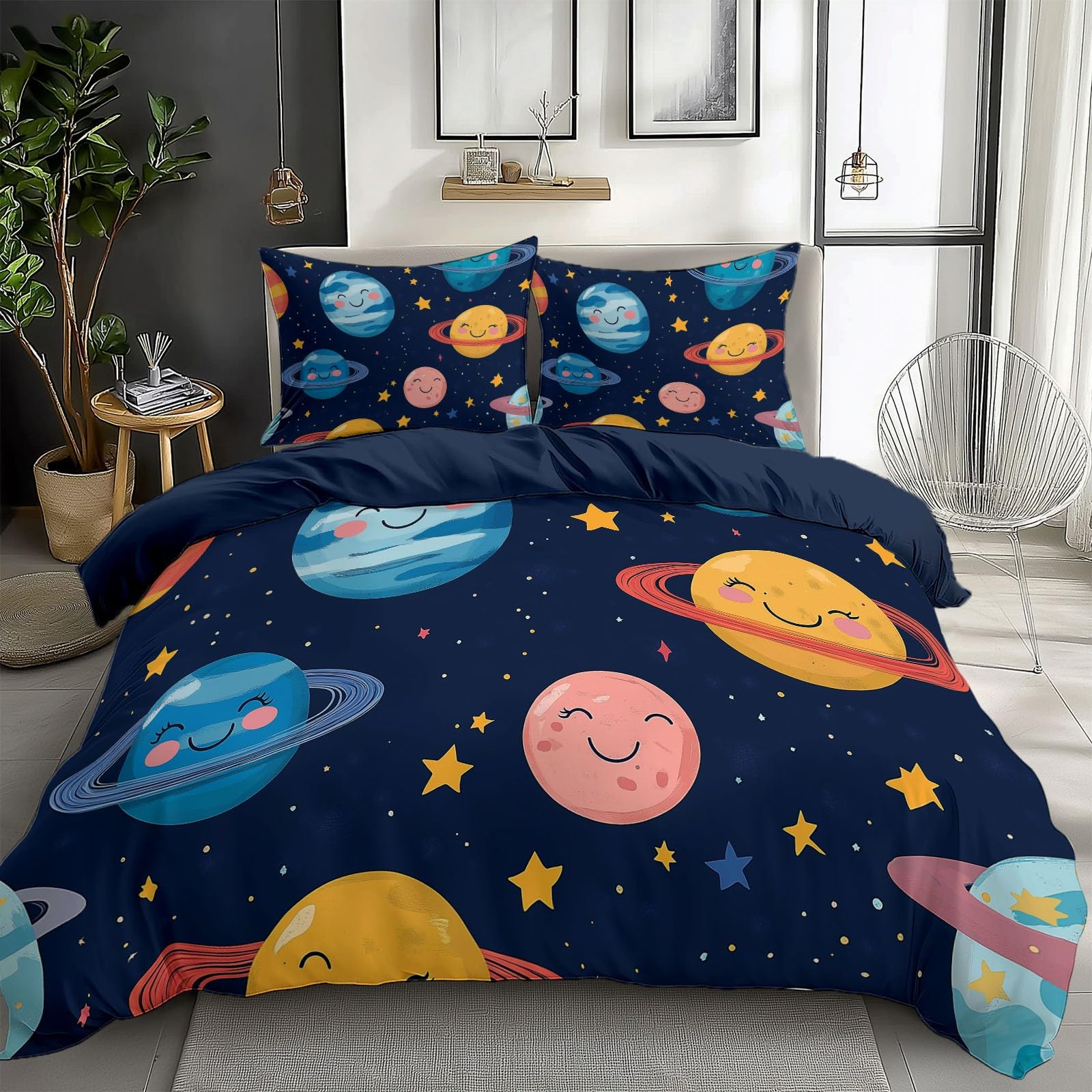 Duvet Cover King Size Cartoon Space Planet Reversible 3 Pieces Duvet Cover Set, Bedding Set for All Season, Soft and Breathable Bedding Set with Zipper Closure