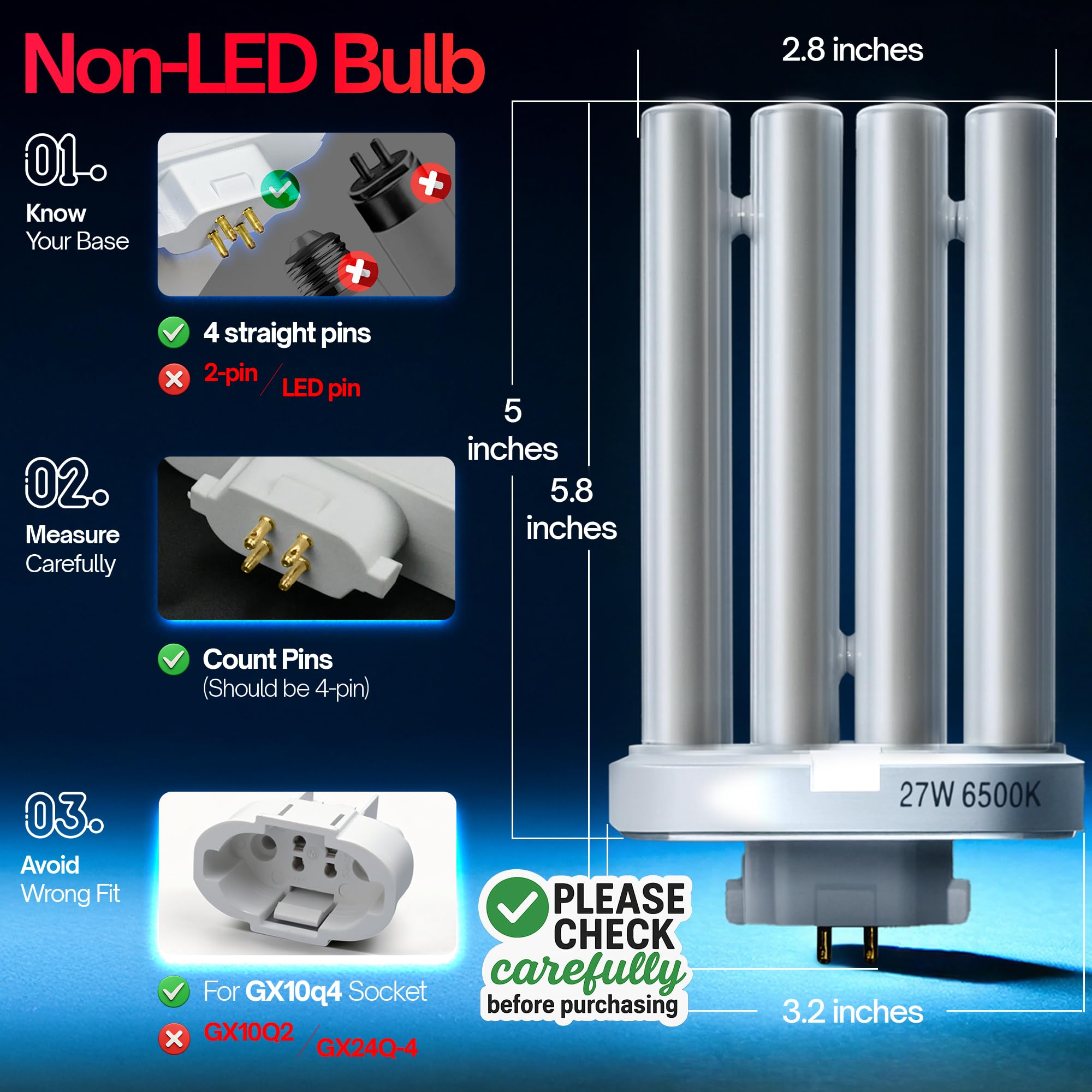 24 Nha&FACA 27W FML Lamp 27 Watt Replacement Lightbulbs, Replacement Bulb 6500K Daylight 4-Pin (GX10q4) Base, Compact Fluorescent Light Bulbs with Quad Tubes - Pack 2