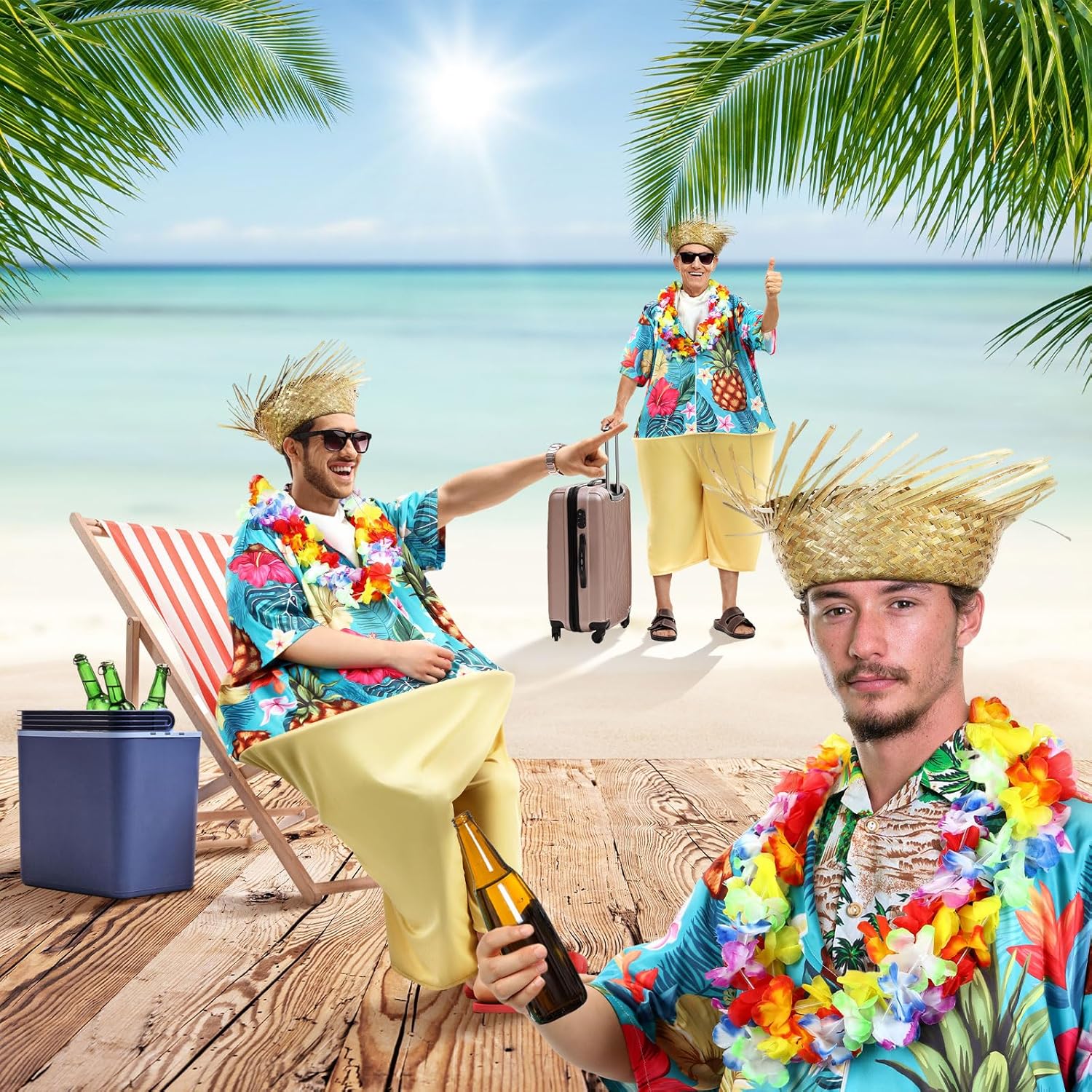 Toulite 6 Pcs Adult Tacky Tourist Costume Tacky Traveler Costume Couples Costumes Straw Hat Hawaiian Hula Garland Halloween