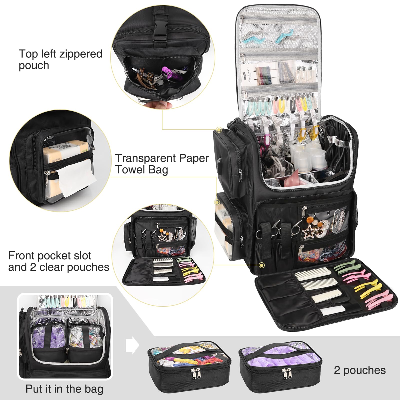 Relavel Hair Tools Borsa da parrucchiere, borsa per il trucco, isolamento termico, ferro arricciacapelli, accessori da viaggio, borsa da parrucchiere, borsa per cosmetici, zaino nero
