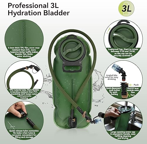 Miniatura 6 de MARCHWAY Tactical Molle - Mochila militar con paquete de hidratación, cámara de poliuretano termoplástico de 3 l, para ciclismo, senderismo, correr,