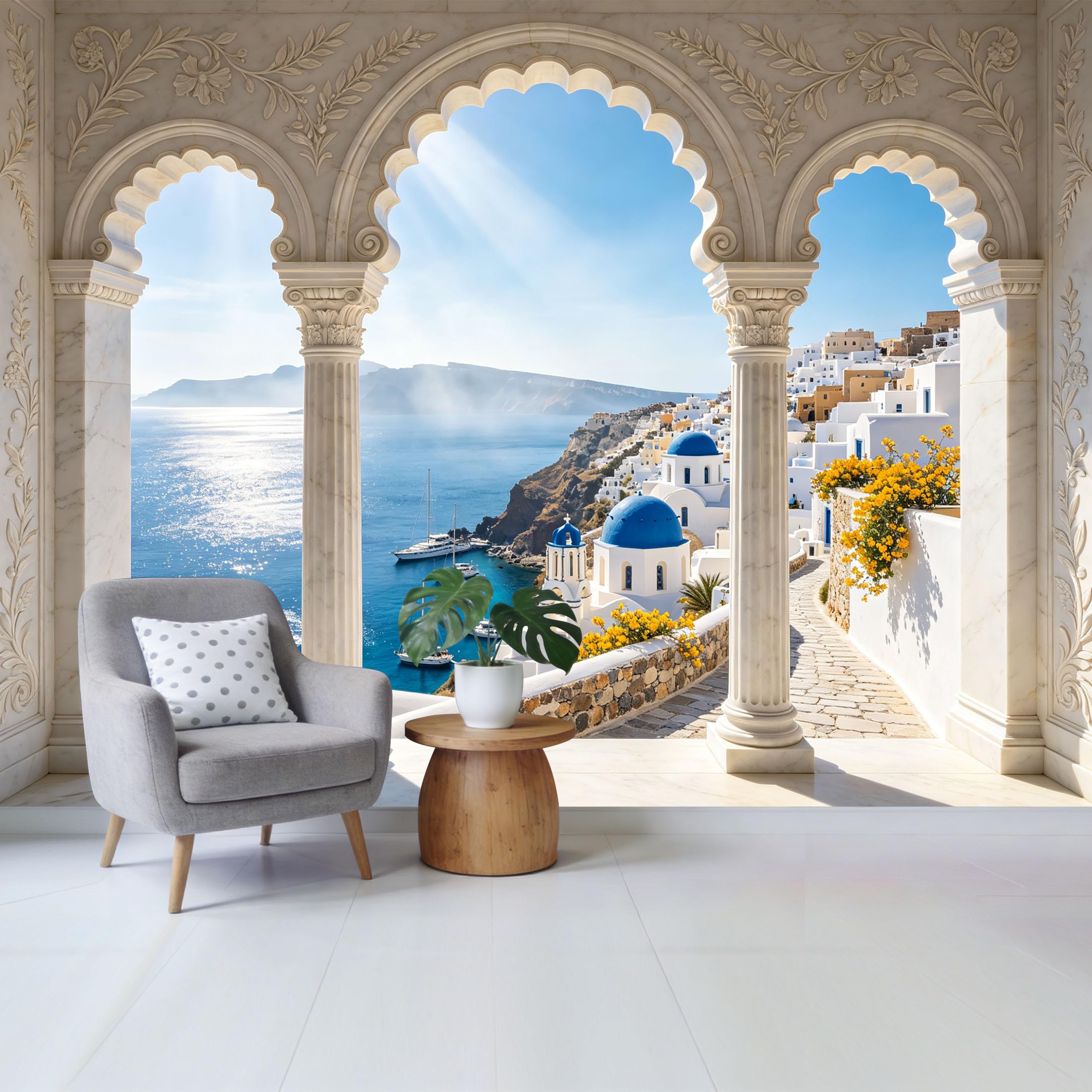 Removable Self Adhesive Fabric Mural， Aegean Sea Coastal View Custom Size Wall Covering， 3D Trompe L'Oeil Mediterranean Architecture UV Protected Waterproof Washable Wall Decor for Living