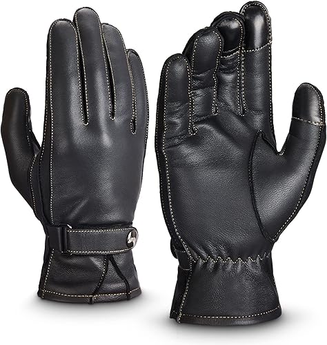 KEMIMOTO Sheepskin Leather Driving Motorcycle Gloves for Men Women All Fingers Touchscreen Texting Riding Winter Dress Black Cashmere Lined Gloves