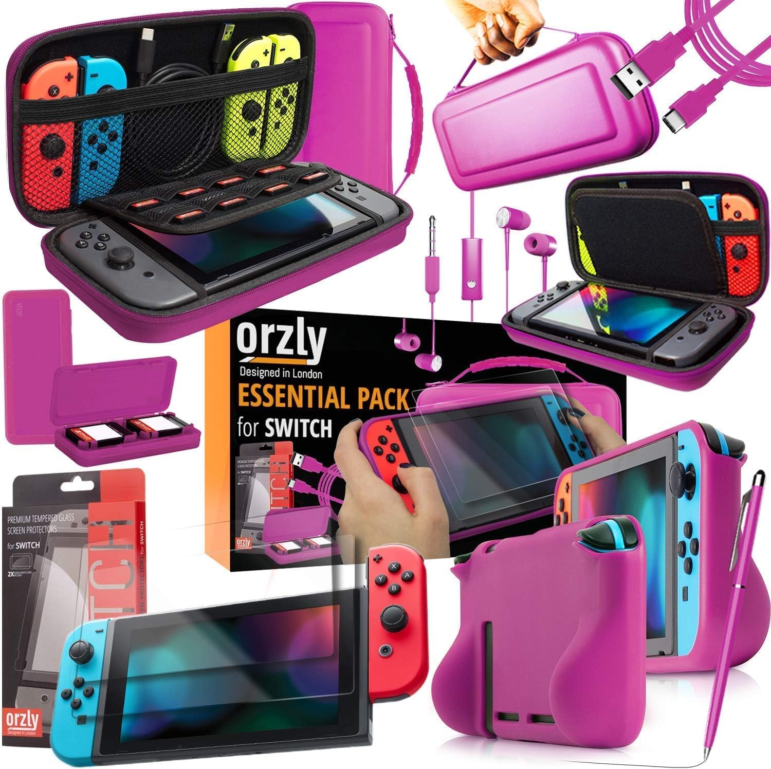 Orzly Switch Accessories Bundle – Carry Case for Nintendo Switch Console, Tempered Glass Screen Protectors, USB Charging Cable, Switch Games Case, Comfort Grip Case & Headphones - PINK