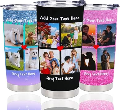 Personalized Tumbler Custom Vacuum Insulated Travel Mug Customizable Coffee Cup with Your Photos and Text Christmas Birthday Gift 4 Photos+Text