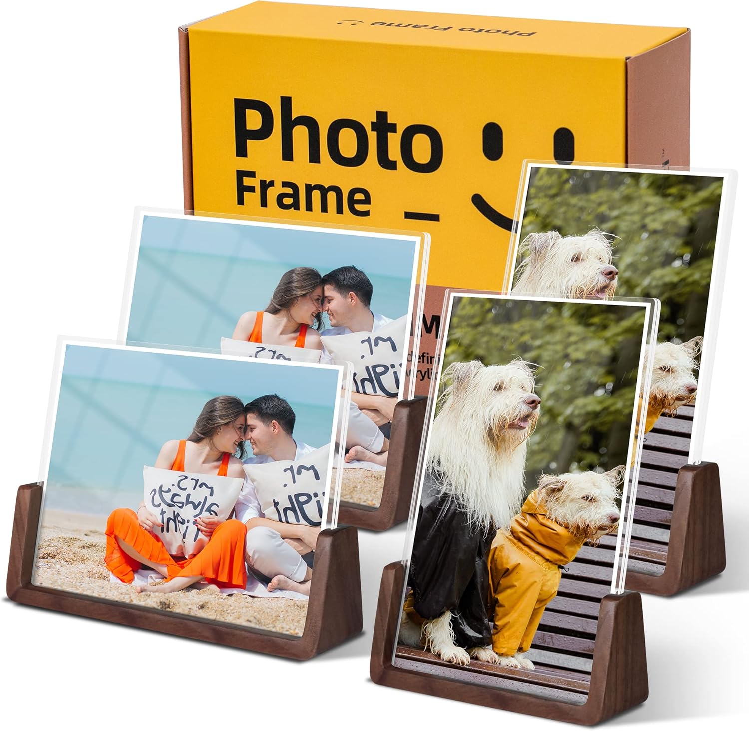 4x6 picture frames, Solid Rustic Wooden Photo Frames with Walnut Wood Base and High Definition Acrylic Glass Covers - 4 Pack for Tabletop or Desktop Display (4x6 inch, 4 Pack)