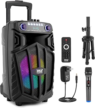 Pyle 880W Portable Bluetooth PA Speaker - 12 Rechargeable Outdoor Karaoke Party Speaker, Audio System w/Wireless Mic and Wheels, TWS, Party Lights, LED Display, 6.5mm Mic Input, FM/AUX/MP3/USB/SD