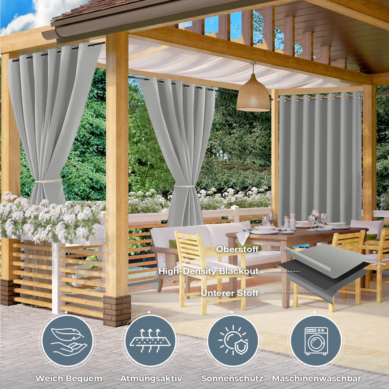 Outdoor Vorhang Wetterfest B254xH213CM, Wasserdicht Outdoorvorhänge mit Ösen, Aussen Gardinen Winddicht Sonnenschutz Sichtschutz für Garten Terrasse Balkon Pergola Pavillon (Hellgrau)