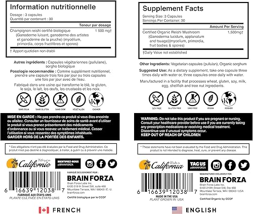 Miniatura 5 de Brain Forza Cápsulas orgánicas de hongos reishi rojos, apoyo inmunológico alimentado por hongos adaptogénicos, salud cardíaca y cardiovascular,