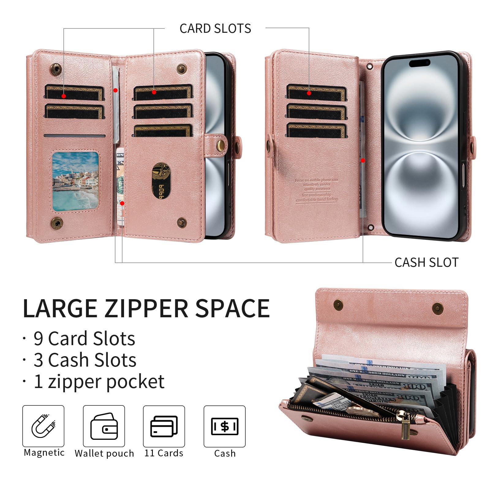 Etui z klapką do iPhone 17 Pro Max/17 Pro/17 Air/17, stylowe skórzane etui crossbody z dużą przestrzenią z przegródkami na karty, podpórka, kolor fioletowy, 17 Air