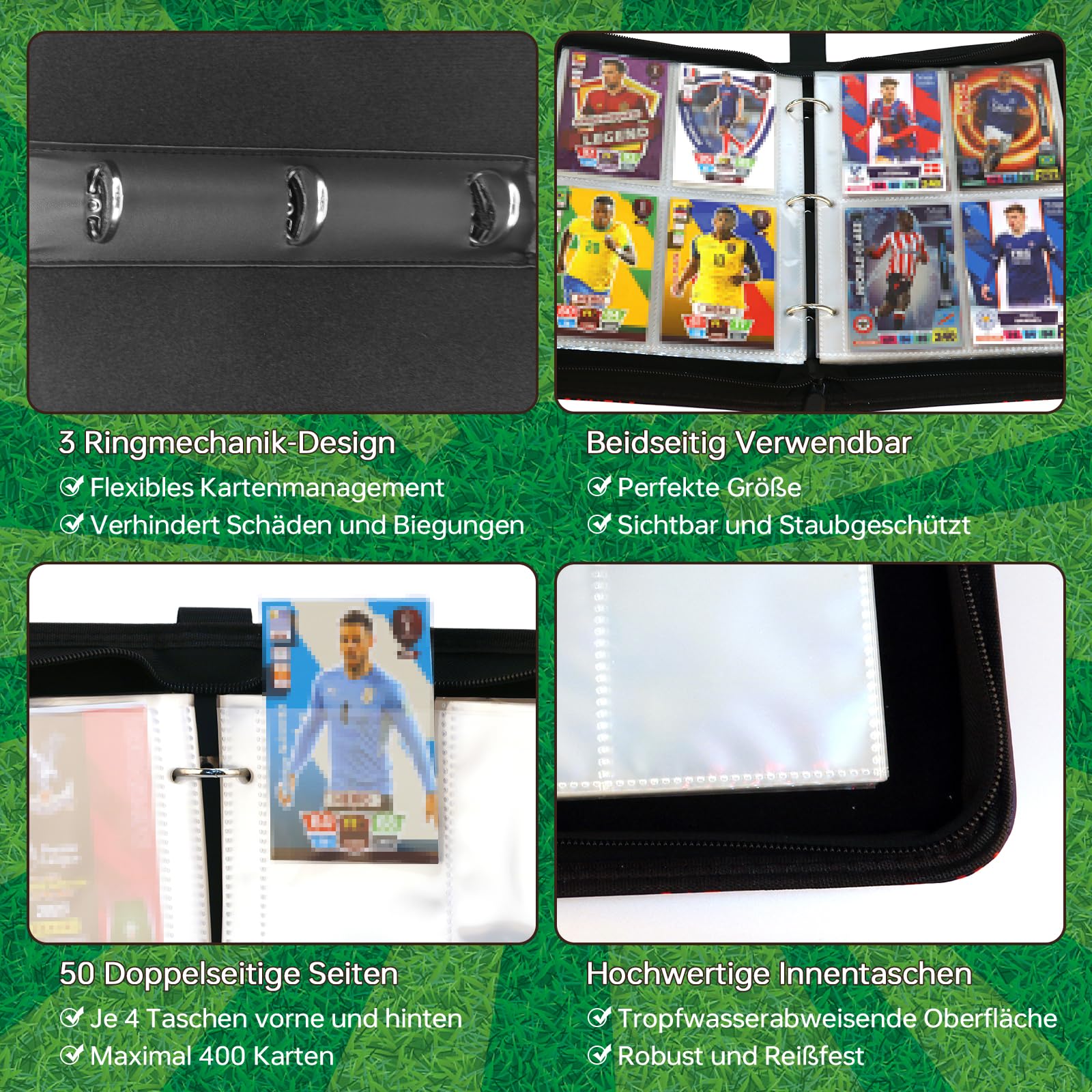 Oirigaga Album De Cartes Football – 4 Compartiments – 50 Pochettes Pour 400 Cartes – Fermeture Éclair, Poignée – Couverture Collection – Cadeau Fan