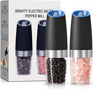 UNNEES Gravity Electric Salt & Pepper Grinder Set of 2 - Automatic Battery Powered, Adjustable Coarseness, Blue LED Light, Black