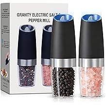 UNNEES Gravity Electric Salt and Pepper Grinder set of 2, Automatic Salt And Pepper Grinder Set, Adjustable Roughness, Battery Powered, LED Light, 2 Pack, (Black)