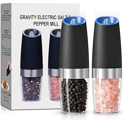 UNNEES Gravity Electric Salt and Pepper Grinder set of 2, Automatic Salt And Pepper Grinder Set, Adjustable Roughness, Battery Powered, LED Light, 2 Pack, (Black)