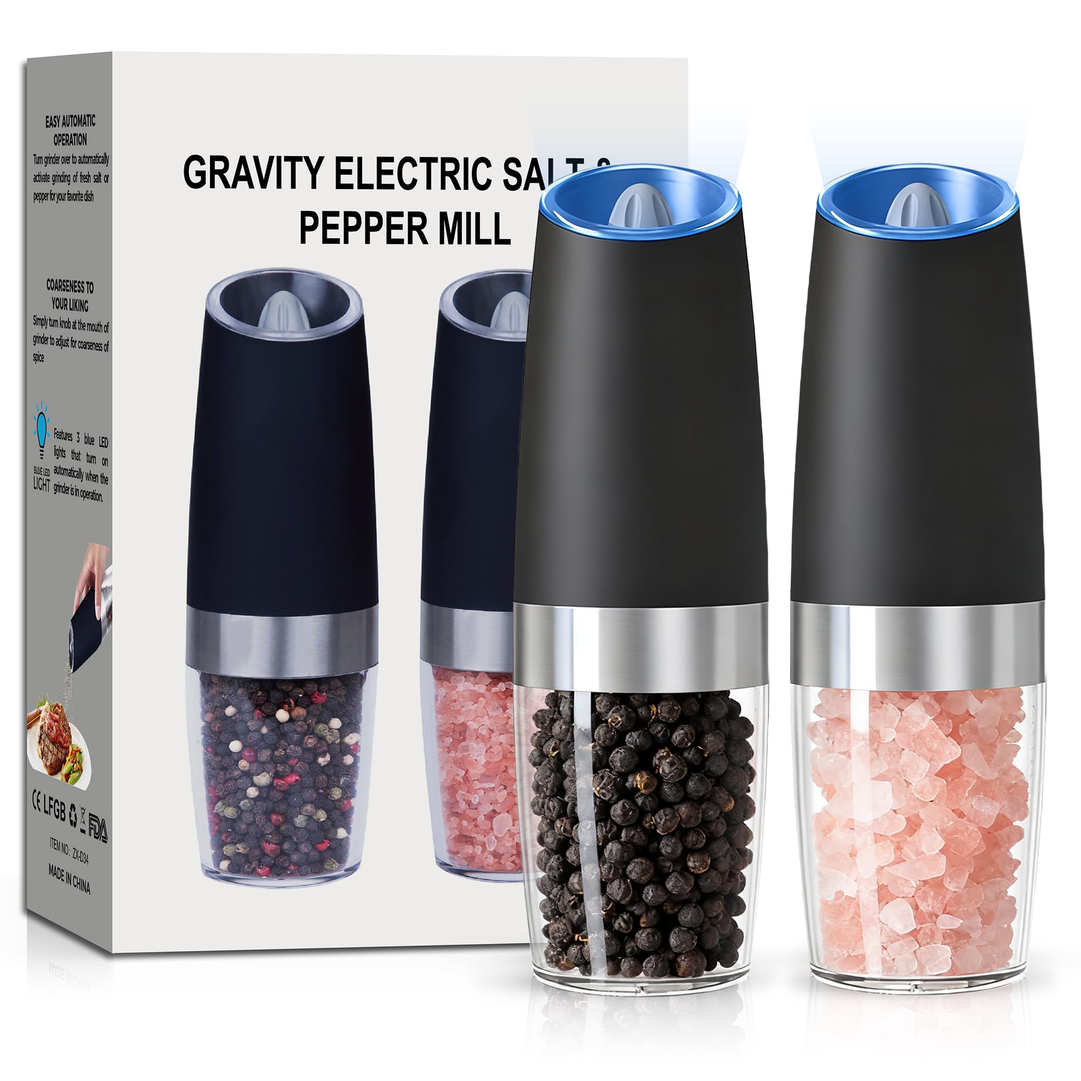 Gravity Electric Salt and Pepper Grinder Set of 2, Automatic Salt and Pepper Grinder Set, Adjustable Roughness, Battery Powered, LED Light, 2 Pack, (Black)