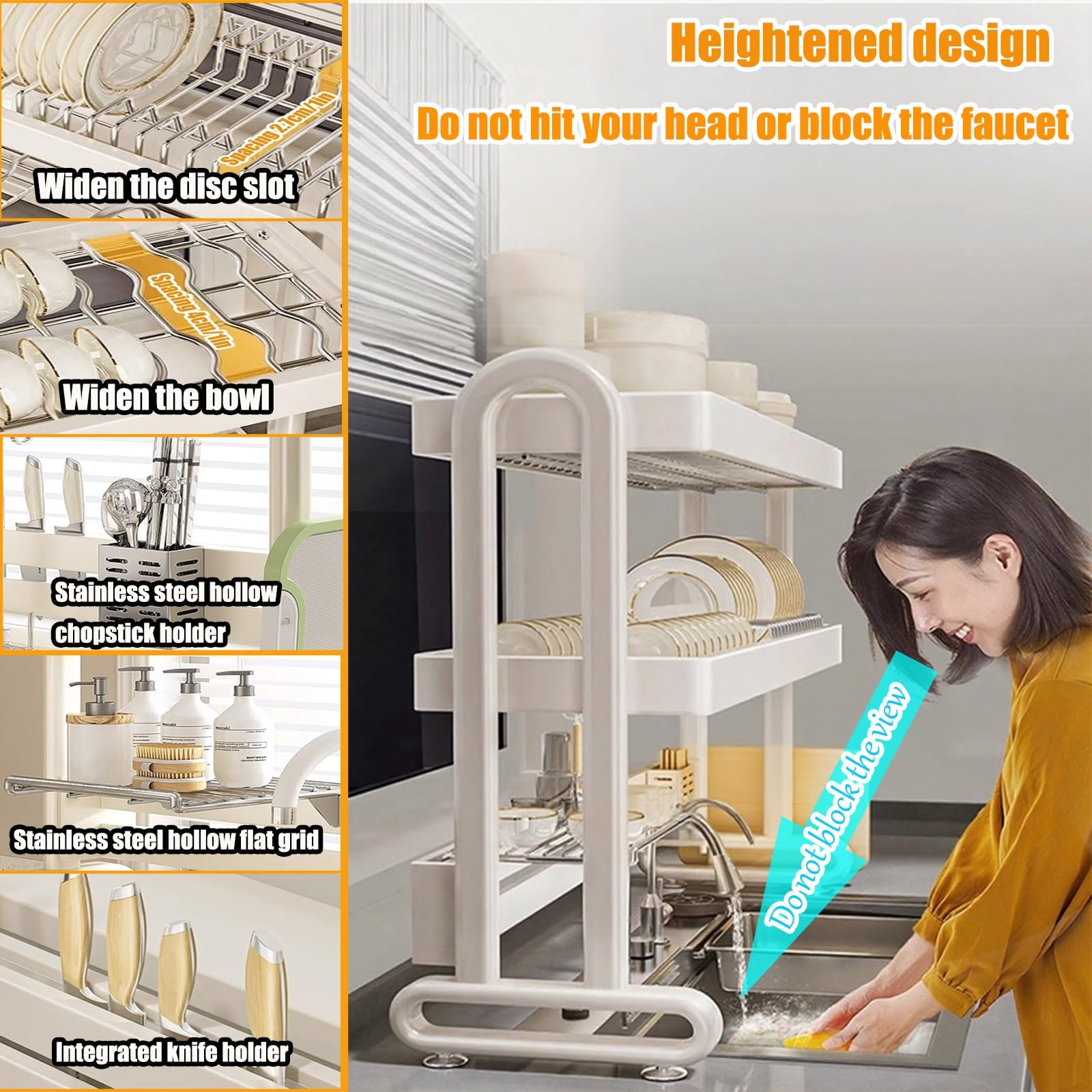 Escurreplatos grande sobre fregadero para organización de cocina, ideal para platos, vasos, cuencos y cubiertos, diseño de doble capa