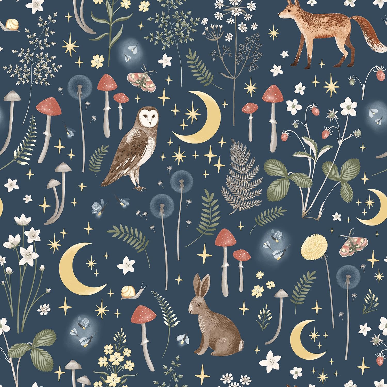 Enchanted Twilight Navy Wallpaper - Floral Flowers Animal Print Woodland - Trendy Playroom Nursery Feature Wall