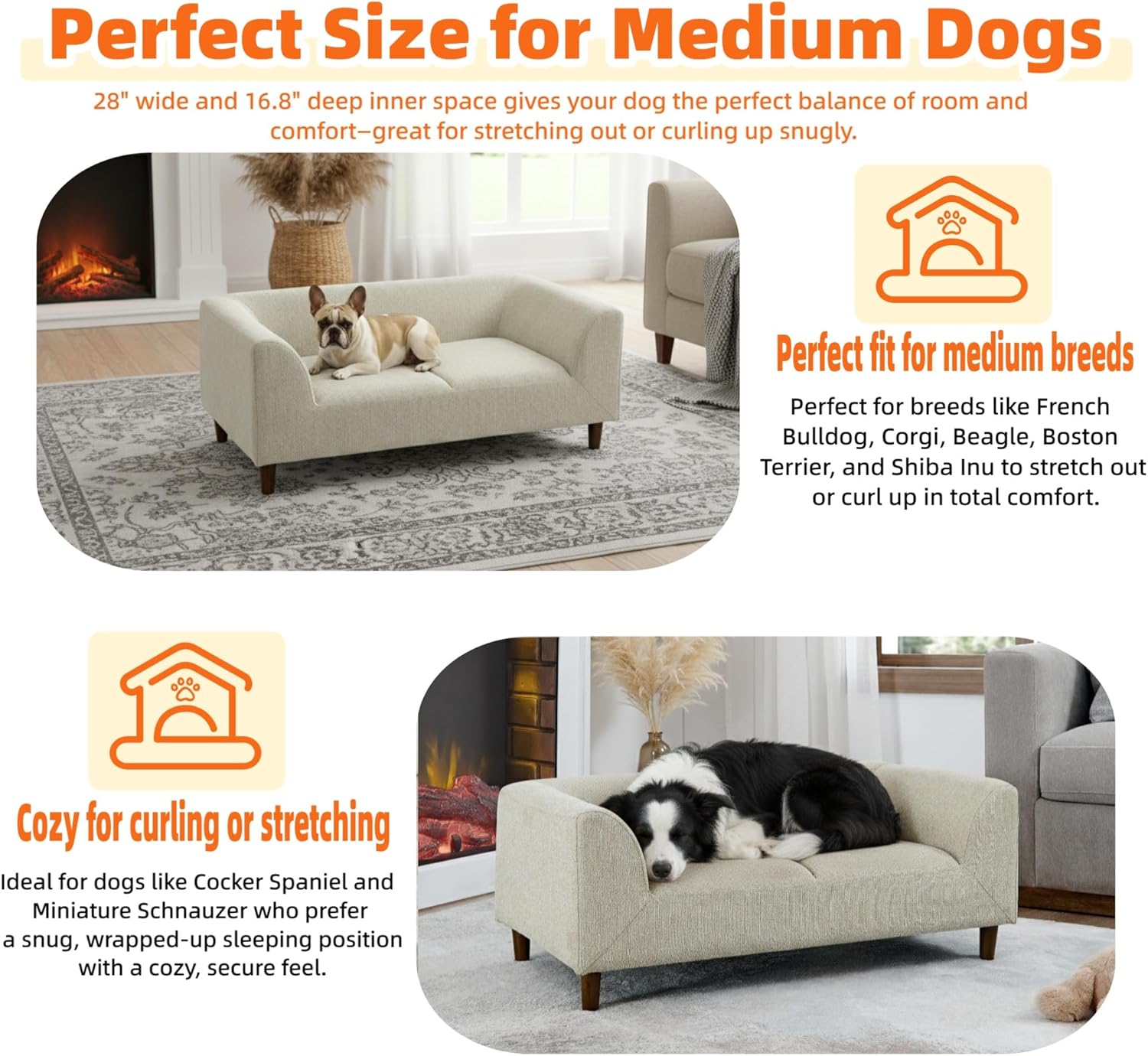 39.75”Large Dog Sofa with Armrests and Backrest,Indoor Elevated Dogs Chaise Bed for Small and Medium Dogs,Scratch Resistant (Beige)