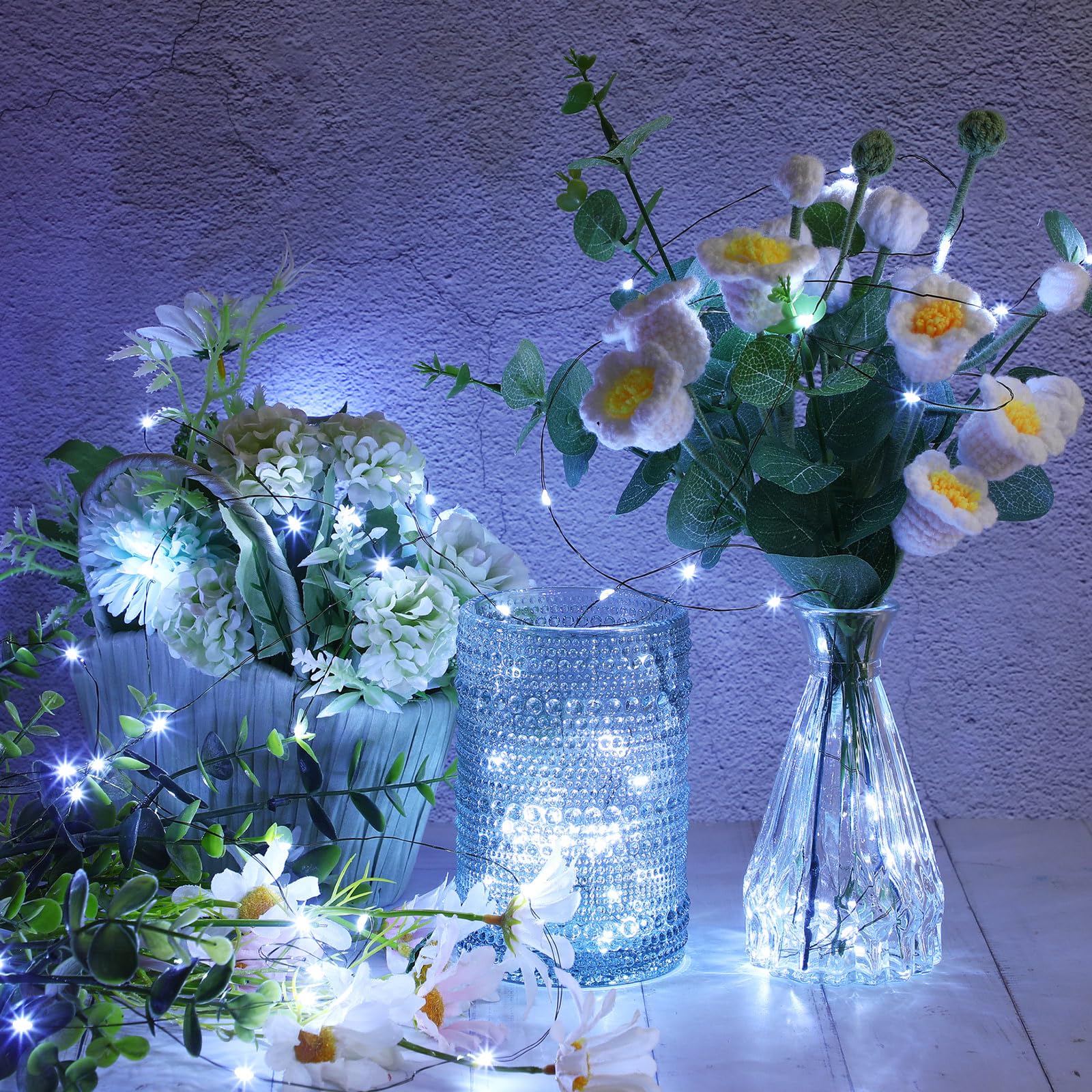 Remagr Lot de 2 guirlandes lumineuses de Noël à piles avec fil vert étanche avec télécommande, 8 modes pour sapin de Noël, terrasse, jardin, jardin, maison, intérieur et extérieur (61 m, blanc froid)