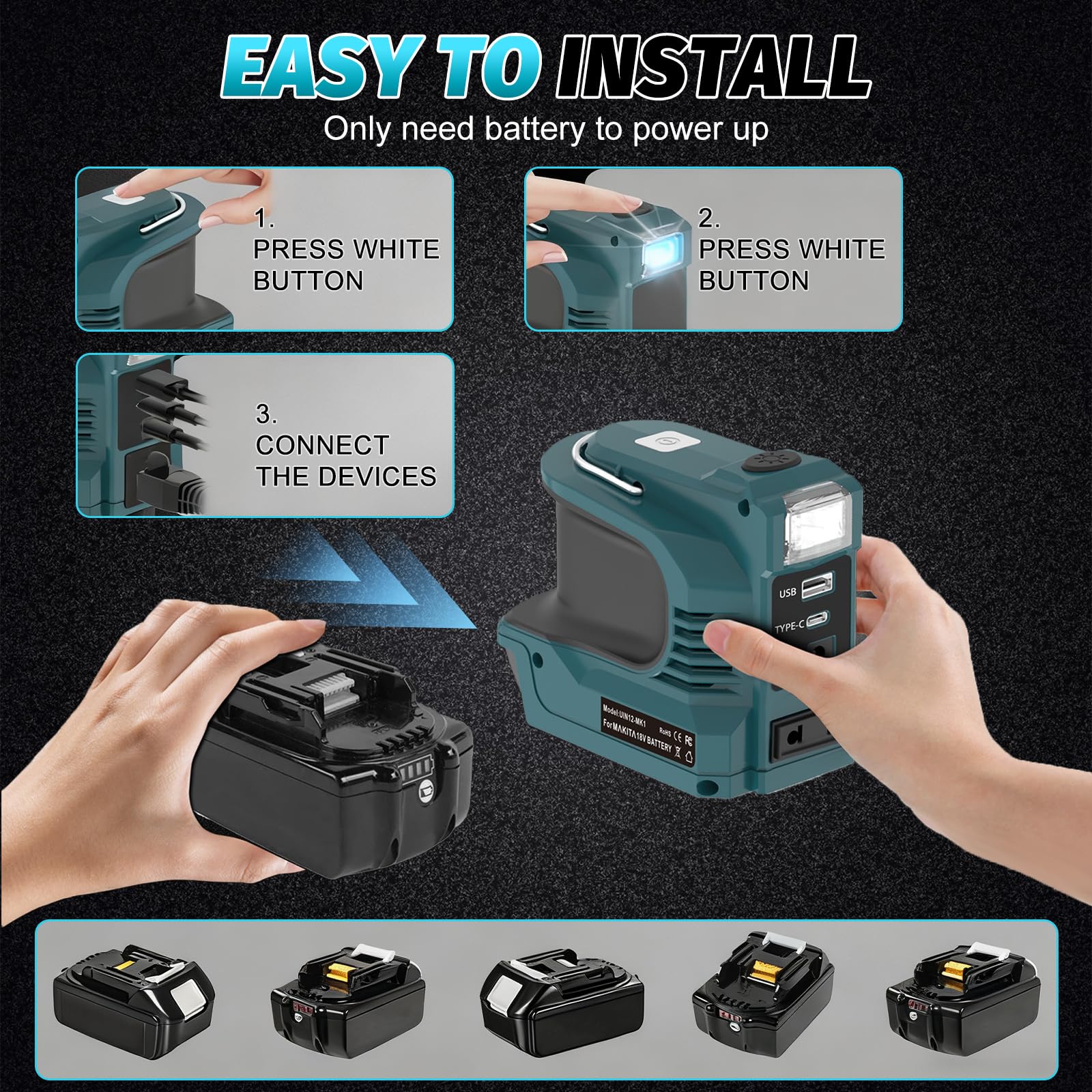 Inverter per batteria Makita da 18 V, DC 18 V a AC 220 V, adattatore con connettore USB Type-C DC12 V e presa AC e lampada LED, unità di emergenza per campeggio
