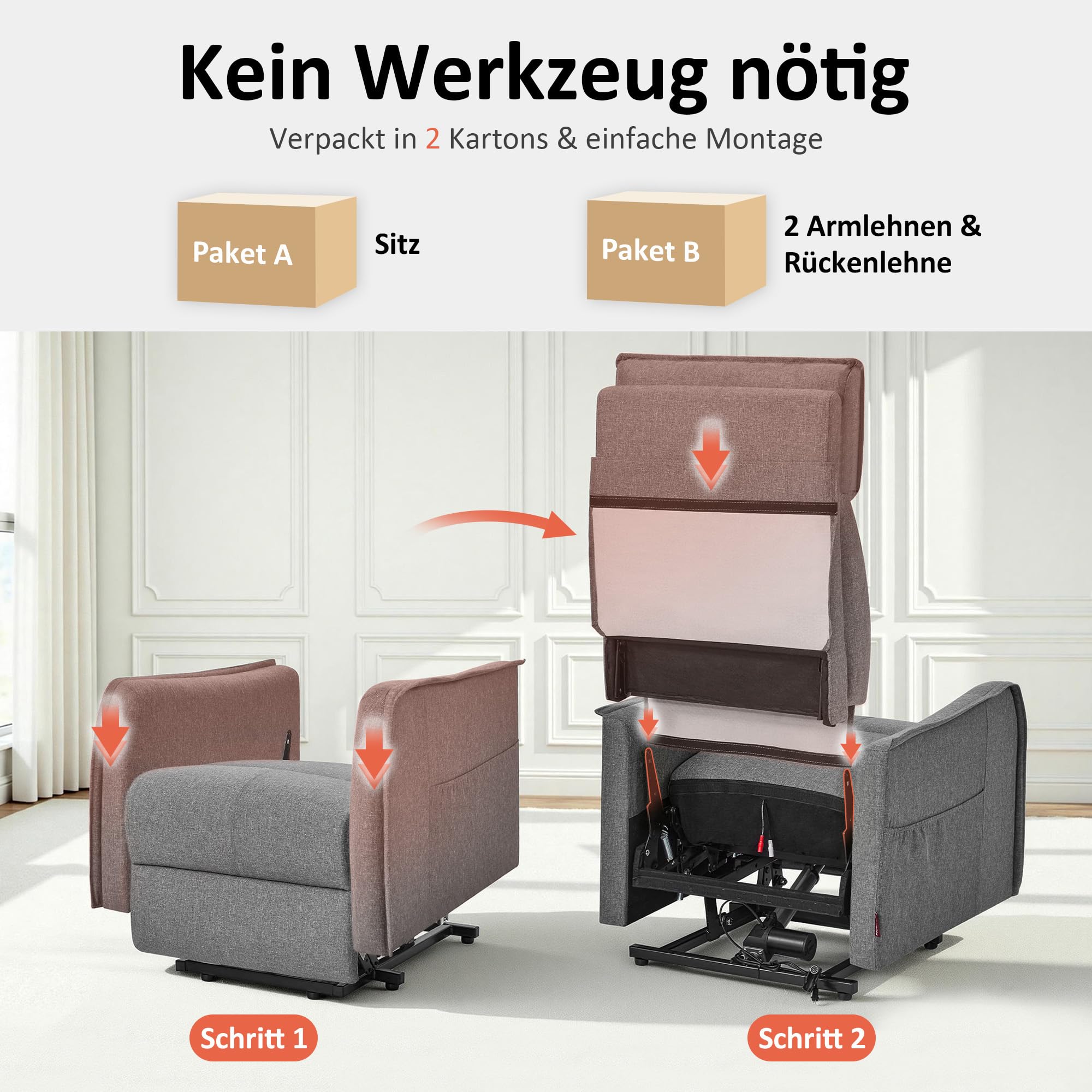 M MCombo Sillón TV con Asistencia Eléctrica para Levantarse, Sillón TV con función reclinable hasta 135°, Masaje & Calefacción, pequeño sillón Elevador, sillón Senior para salón 7027 (Gris)