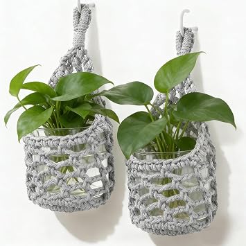 Macrame Wall Plant Hanger, Hanging Planter Basket Holder, Wall Planters for Indoor Plants, for Up to 4 Inch Pot Grey, 4-Inch
