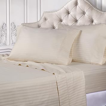 SUPERIOR Egyptian Cotton 400 Thread Count Bed Sheet Set, 1 Elastic Deep Pocket Fitted Sheet, 1 Flat Sheet, 1 Pillowcase, Daily Sheets, Luxury Home Essentials, Striped Design, Twin XL, Ivory