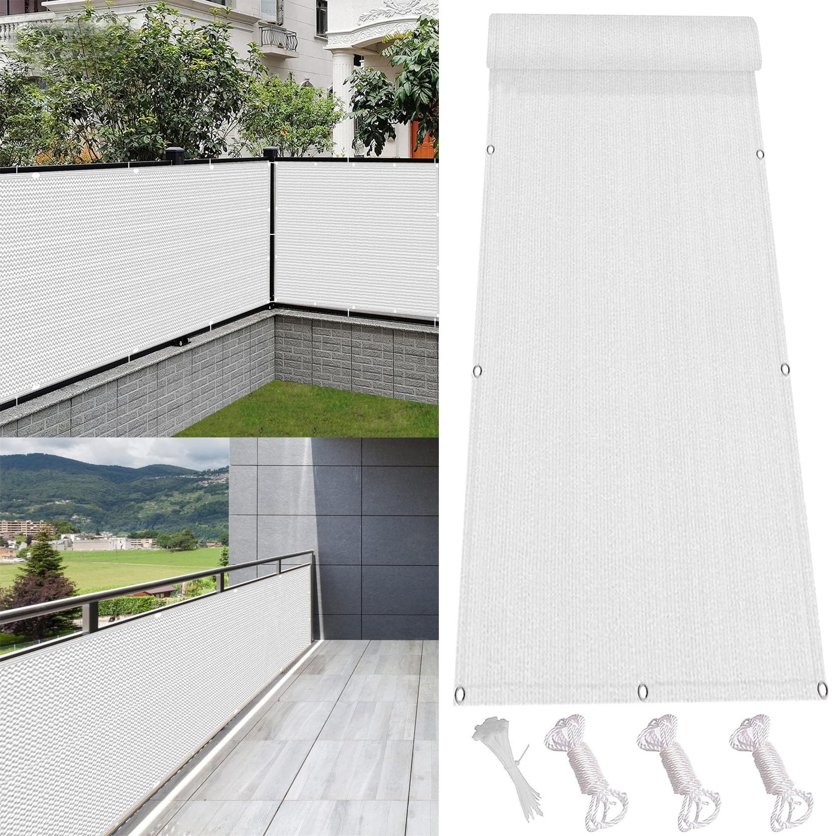 Balcony Privacy Screen Cover 45 x 360 cm(18 x 142inch) Uv-Resistant Tear-Resistant Privacy Netting Garden Screening Shading Net with Eyelets for Backyard, Balcony, White