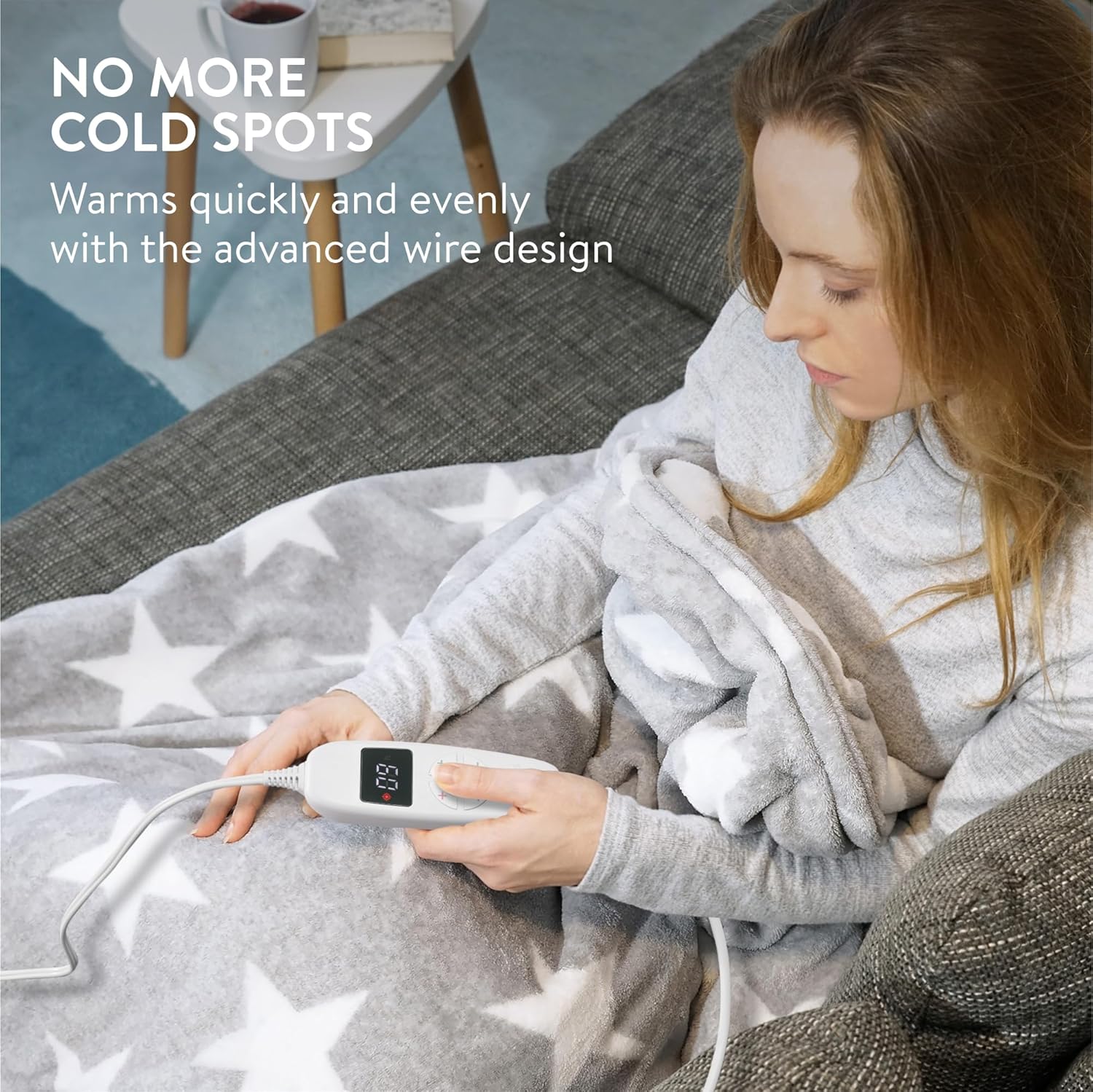 Navaris Heated Throw Blanket - 50x60 in - Comfort with 10 Heat Modes, Plug in Electric Heater Overblanket - Overheat Protection Machine Washable Faux Fur Top Cover Blanket - Stars - Image 3