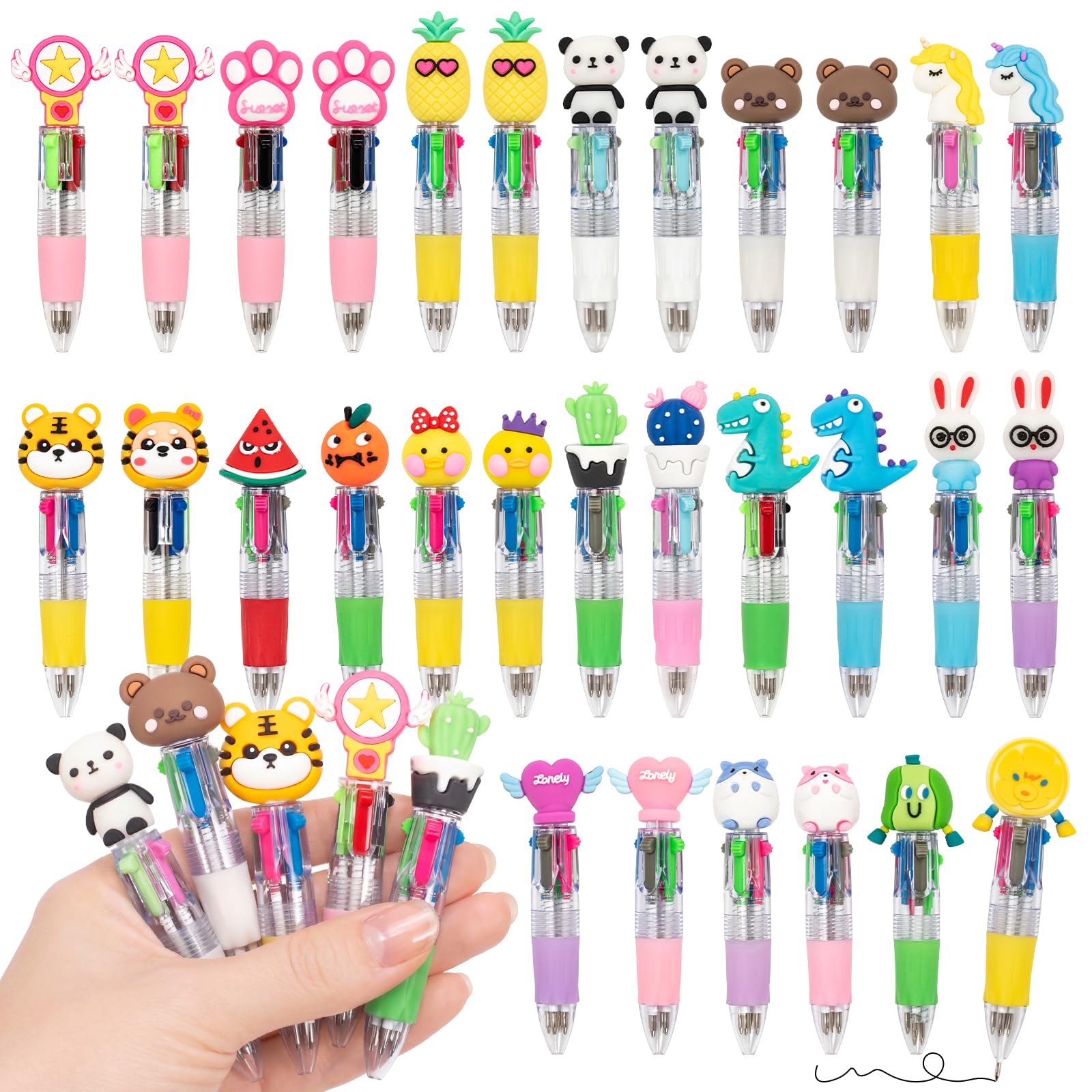 Zouwel 30PCS Mini Multicolor Pens, Party Bag Fillers for Kids, All in One 4 in 1 Cute Pens for Kid Retractable Ballpoint Pen Teacher Gifts Party Favours School Supplies