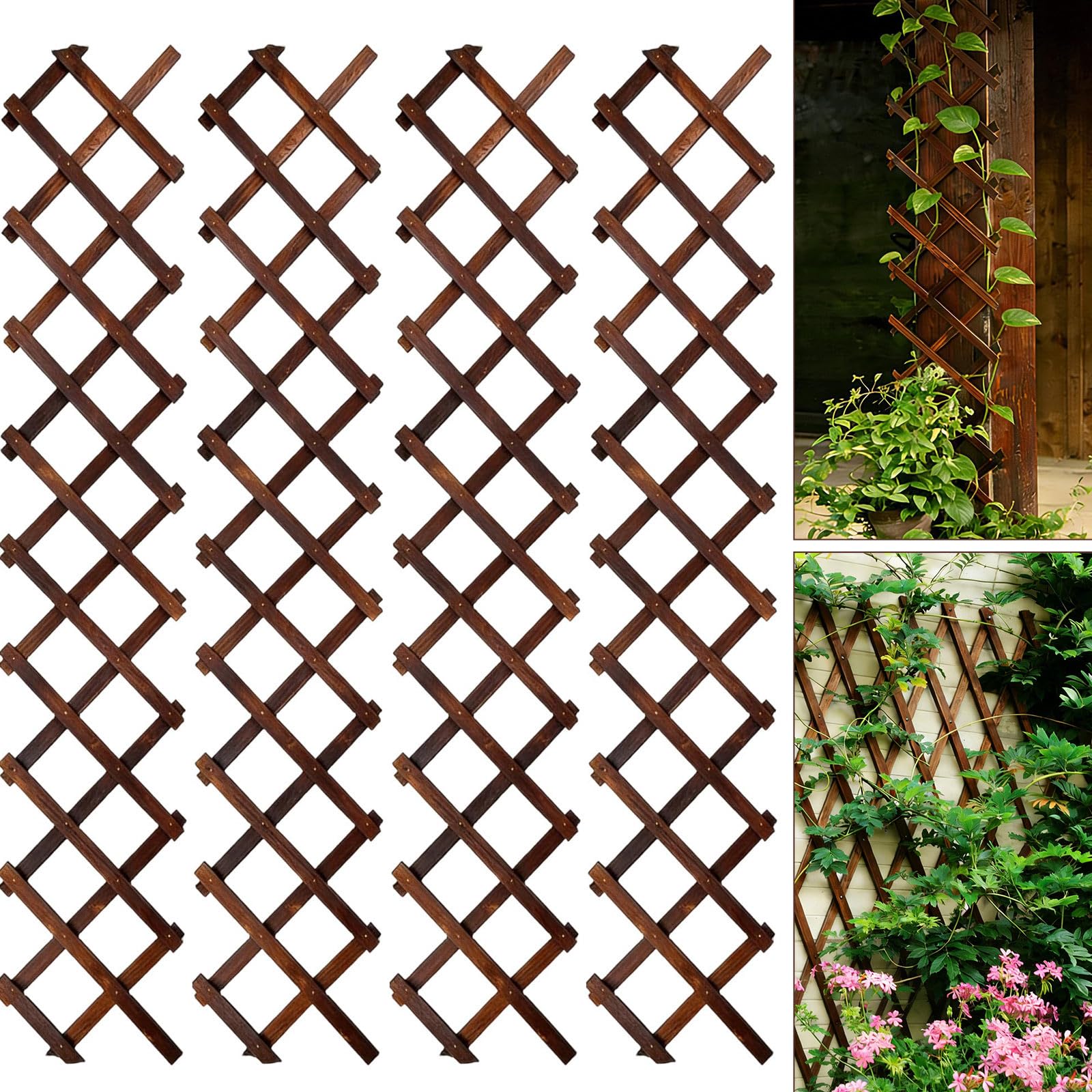4 Pcs Expandable Garden Trellis, Wooden Lattice Wall Fence Trellis for Climbing Plants Ivy Vine Rose Clematis 13" x 68" for Outdoor Garden Patio Room Decor (4)
