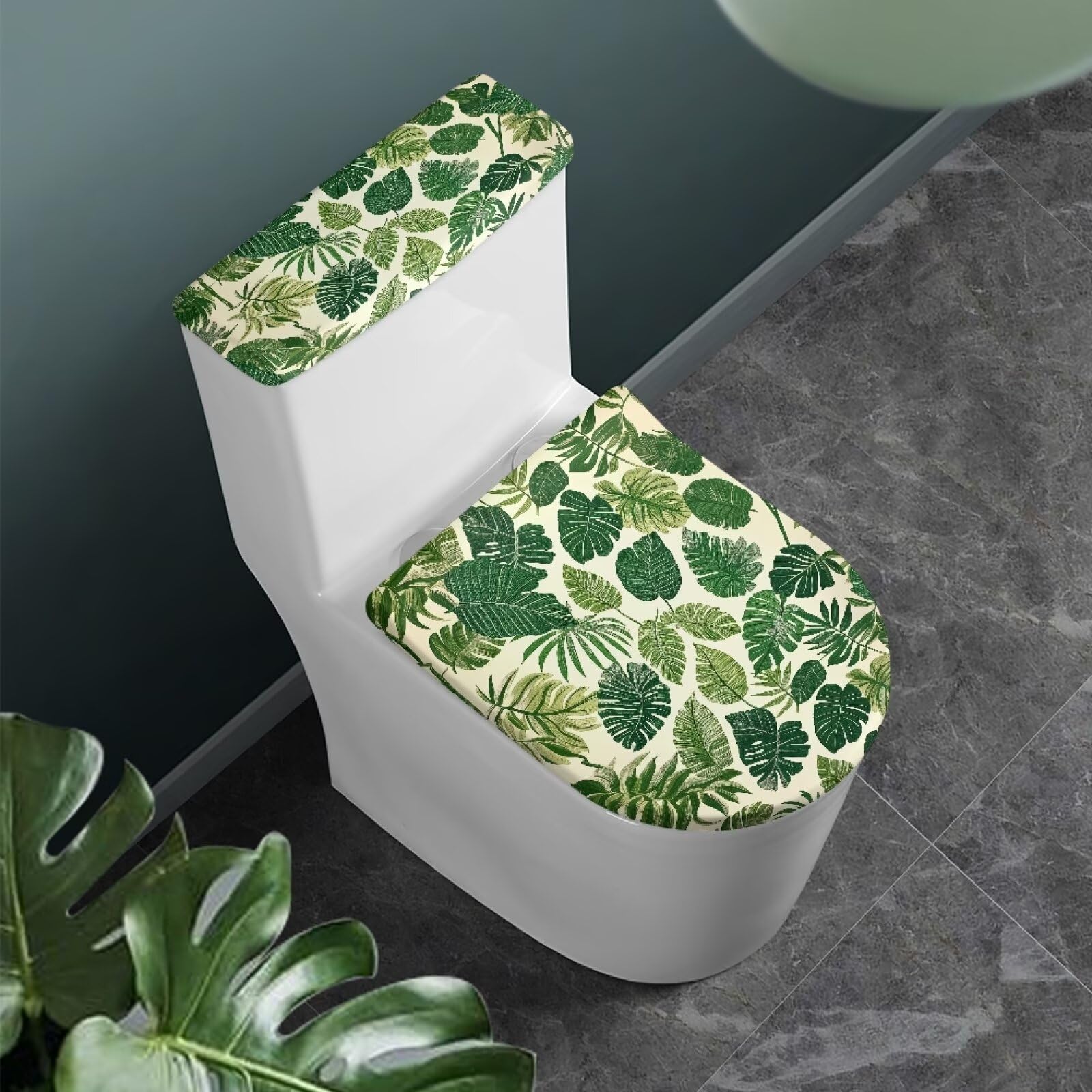 Gzzxiailg Monstera 2-Piece Set Toilet Lid Dust Cover, Washable Toilet Lid and Tank Cover for Bathroom Anti-Slip Elastic Edge Easy to Clean and Reusable Accessories Decor for Home Office Hotel