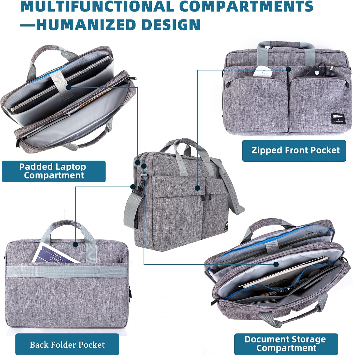 KINGSLONG 17.3 inch Laptop Briefcase Bag, Laptop Shoulder Bag for Men Women, Water Resistant Business Crossbody Bag with Shoulder Strap, Computer Bag for Asus Acer Dell Thinkpad, Grey