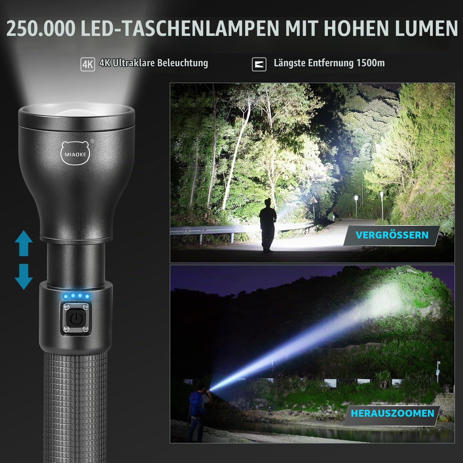 Taschenlampe LED Aufladbar, 250000LM, IPX7 Wasserdicht, 3 Leuchtmodi | Superhelle Taschenlampen, Wiederaufladbar, Handtaschenlampe Handliche Taschenlampe für Jagd, Campi ng und Notfälle