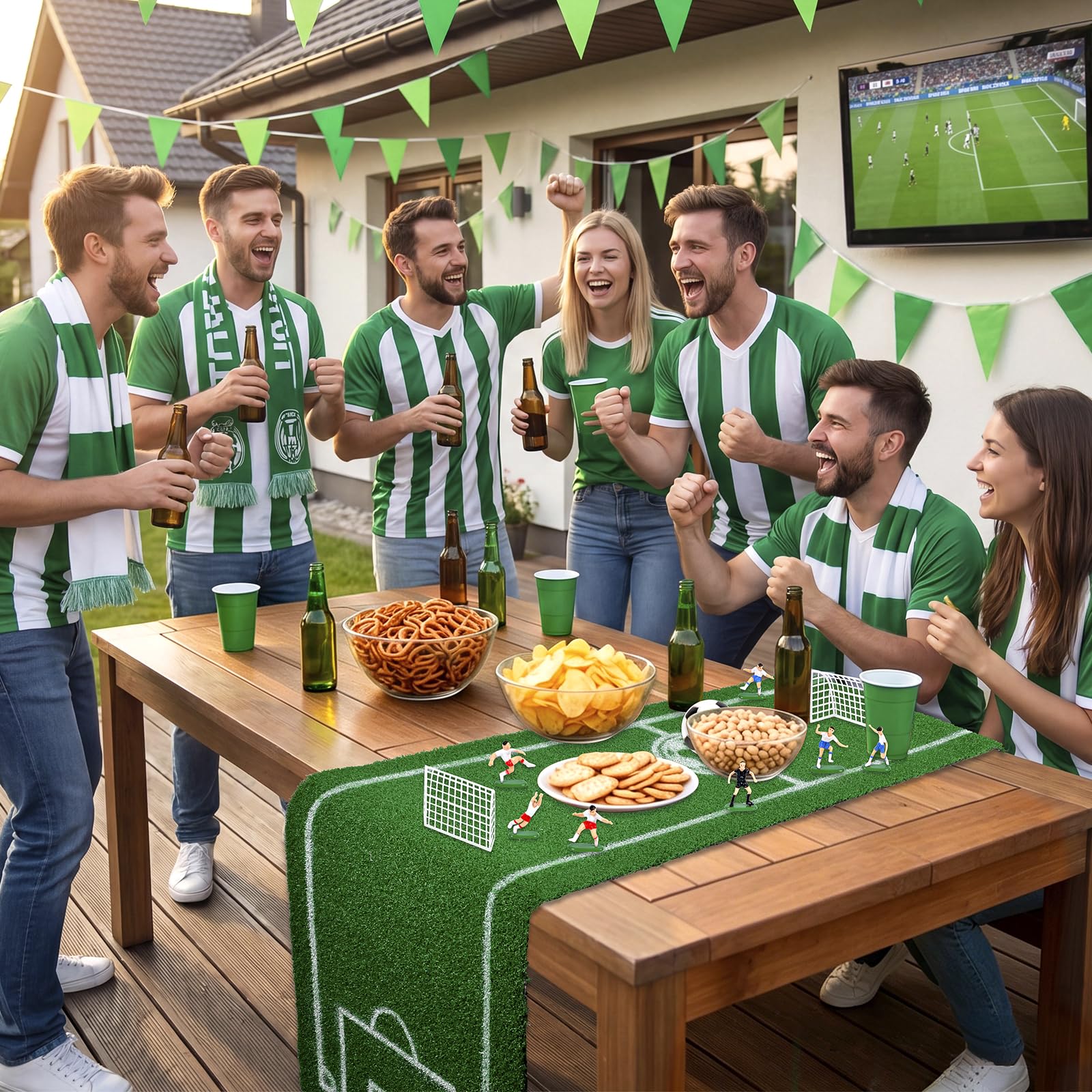 Sport Fußball Tischläufer Kunstrasen Tischdecke - 40 x 183 cm Tischläufer mit Mini Fußballmannschaft und Fussball, Grün Drinnen Draußen Tischdecken Tischdeko für Fußballparty Geburtstag Gartenparty