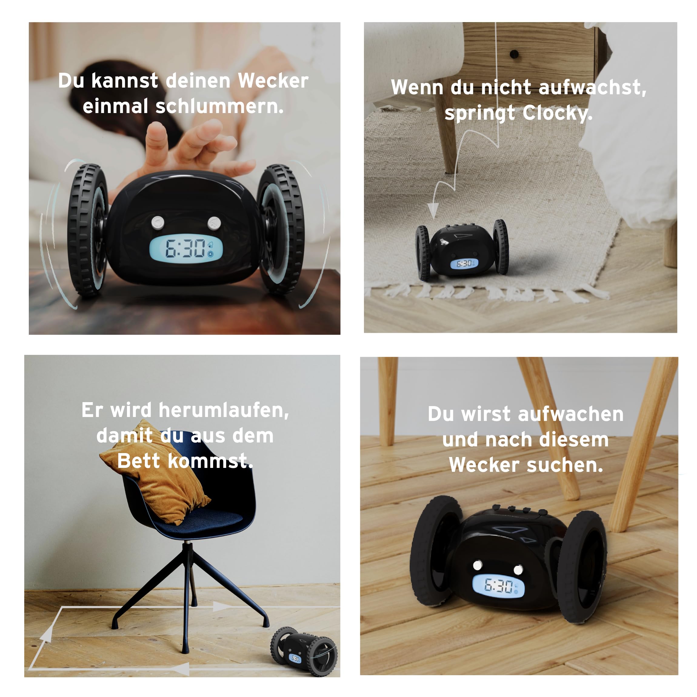 CLOCKY Lauter Digital Wecker Laut für tiefschläfer Erwachsene Jugendliche Lustig für schwerhörige schwere Schläfer auf Rädern Weglaufen Fahrender Springen Wegrollen Lustiges Geschenk (Schwarze Räder)