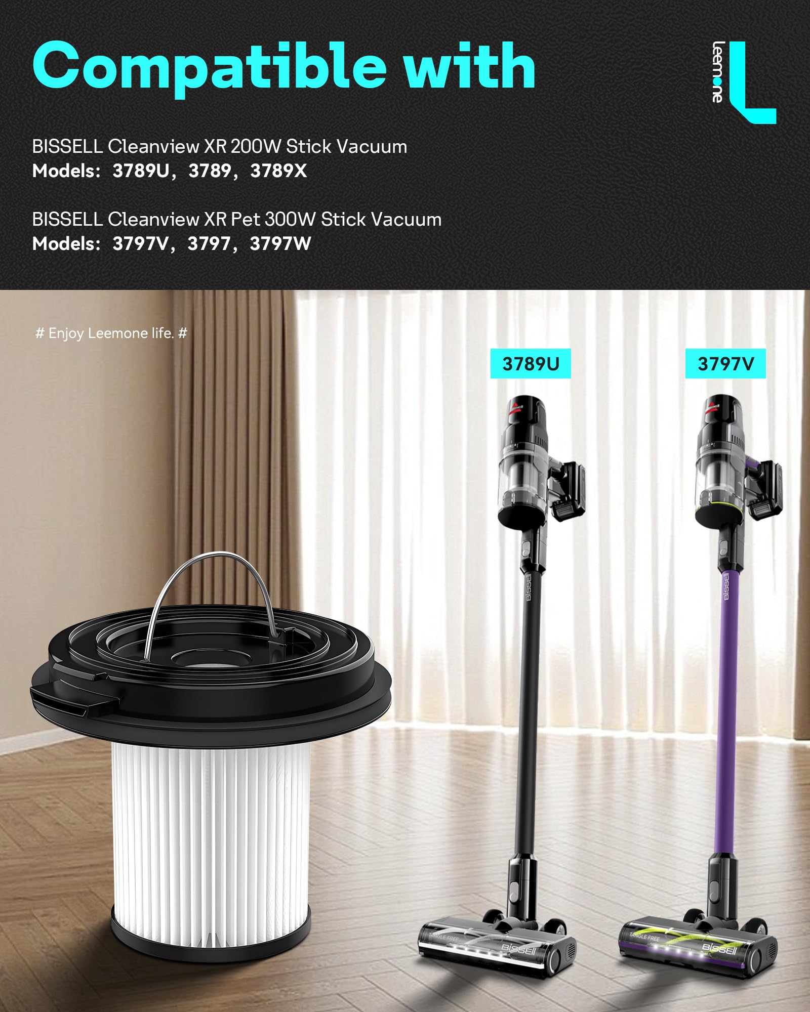 Leemone Filter Replacements for Bissell CleanView XR 200W / CleanView XR Pet 300W / Powerlifter Turbo Cordless Stick Vacuum Cleaner 3789, 3789U, 3789X, 3797, 3797V, 3797W, Part 1638010, 4 Pack