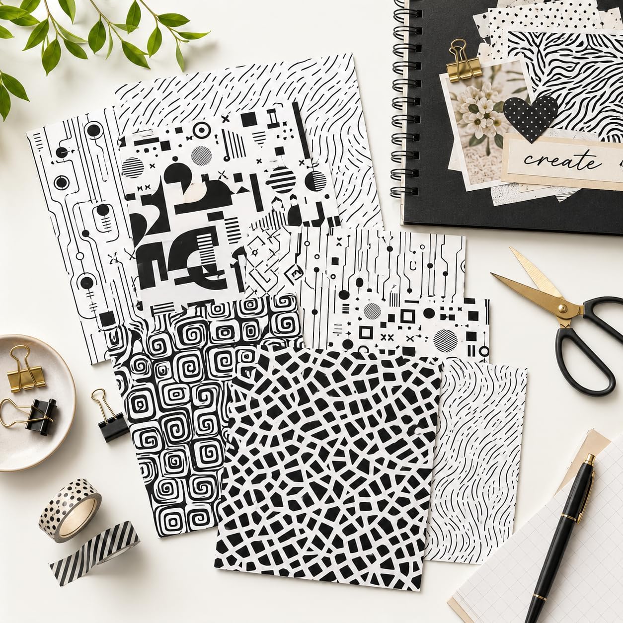 24 Sheets Black White Doodle Pattern Scrapbook Paper 12x12 Doodle Scrapbook Specialty Paper Black White Hand-Drawn Style Double-Sided Cardstock Pack for Scrapbooking Background Card Making Origami DIY