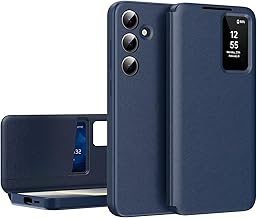 ESONG Coque pour Samsung Galaxy S25+ Plus, Étui en Cuir Flip Folio Intelligent avec Clear Afficher Fenêtre,Smart View,Fenêtre, Coque Téléphone Portefeuille Anti-Choc Bleu