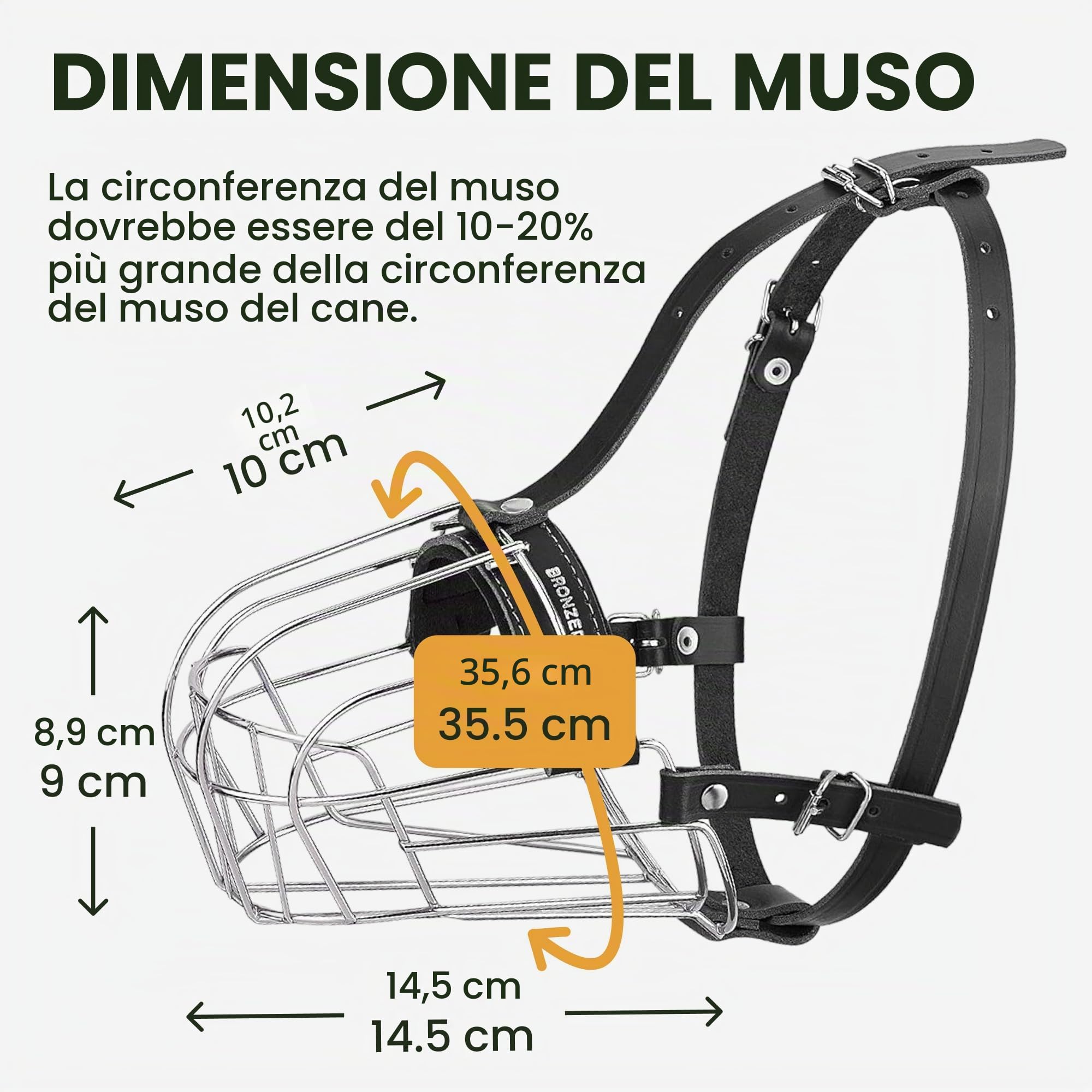 BronzeDog Amstaff - Museruola per cani con maschera metallica e cinghie regolabili in pelle per cani di taglia grande