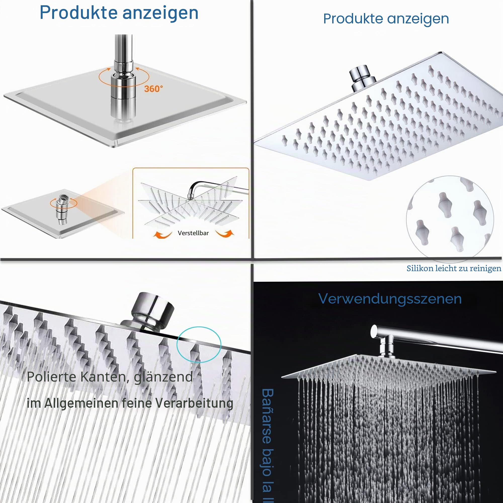 8 Zoll(20x20cm) Regendusche Duschkopf Edelstahl AISI304 Regenbrause Anti-Kalk-Düsen Duschkopf Regenduschkopf Quadratisch