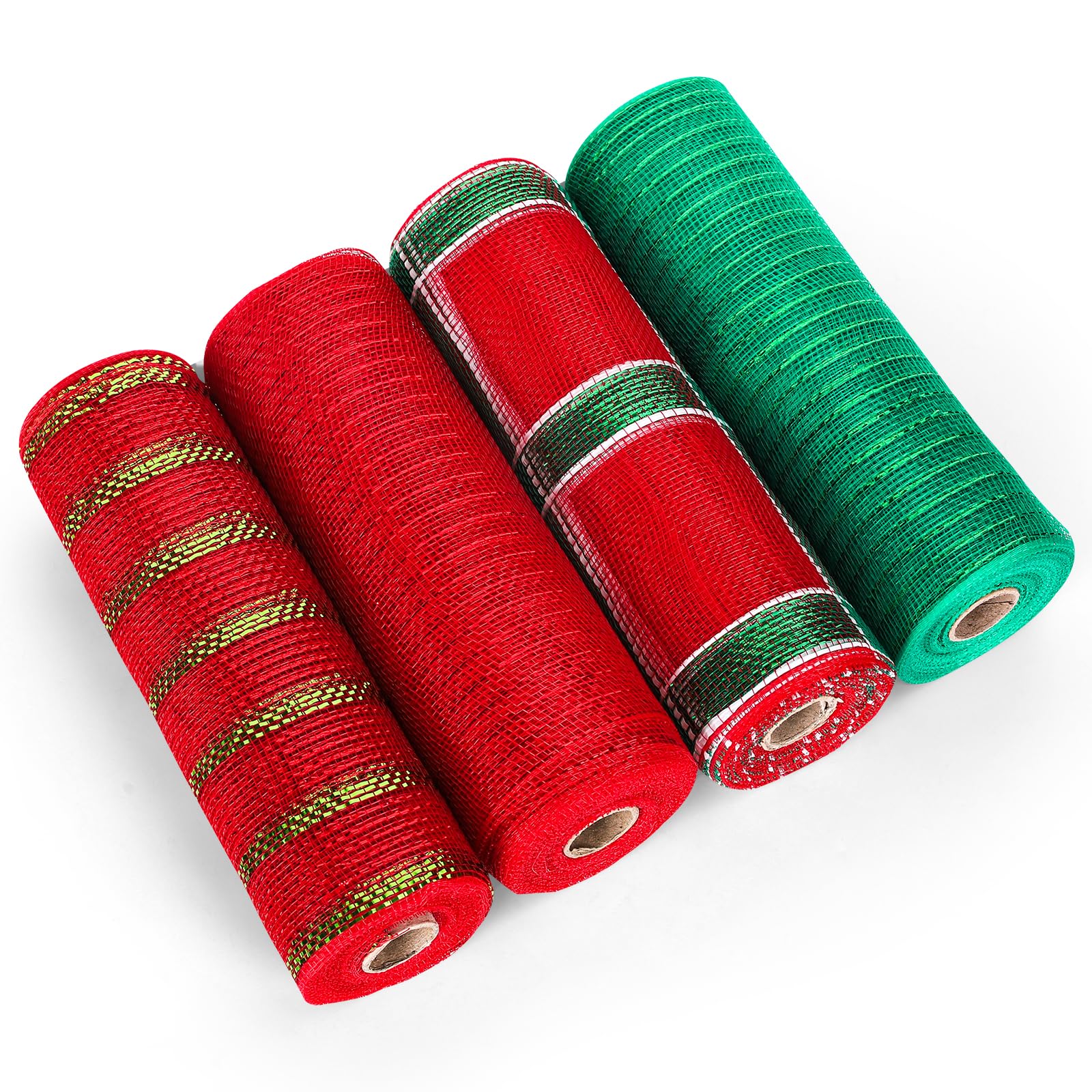 Whaline Lot de 4 rouleaux de ruban en maille métallique pour sapin de Noël - Rouge et vert - 9,1 m - Pour décoration de Noël, bricolage, emballage cadeau, décoration de fête