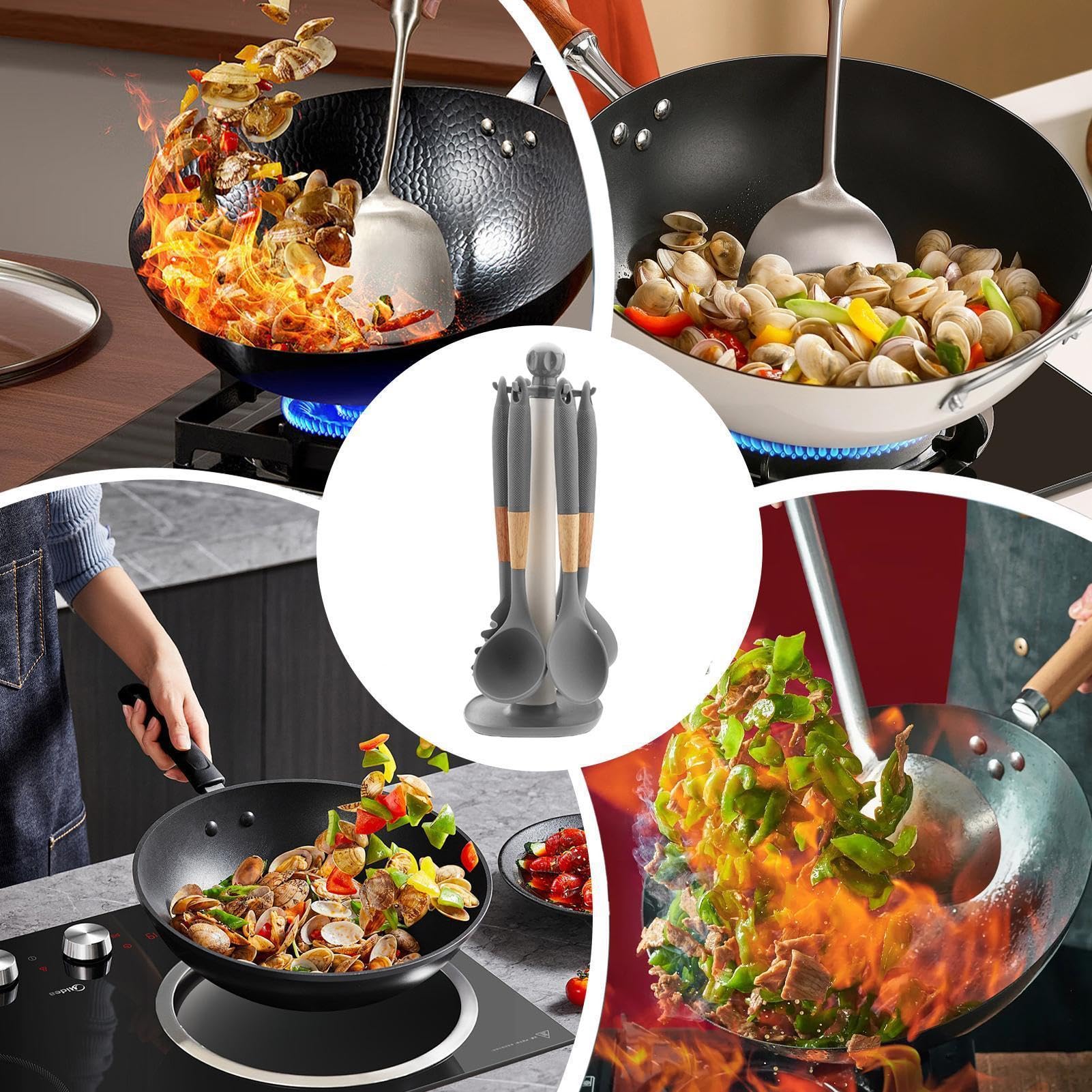 Set di Utensili da Cucina in Silicone 7 Pezzi in Materiale Alimentare con | Cucchiaio da Cucina, Mestolo per Zuppa, Spatola per Pentole Antiaderenti, Raschiare, Cuocere al Forno,